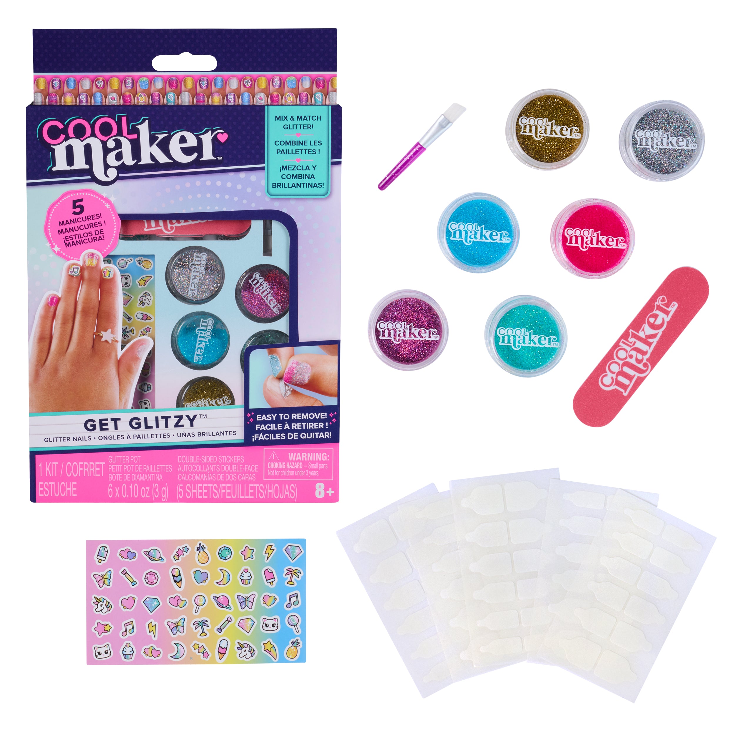 Cool Maker, Get Glitzy Glitter Nail Kit with 6 Colors & Stickers for 5 DIY Manicures Packaging May Vary, Arts and Crafts for Kids Ages 8 and up