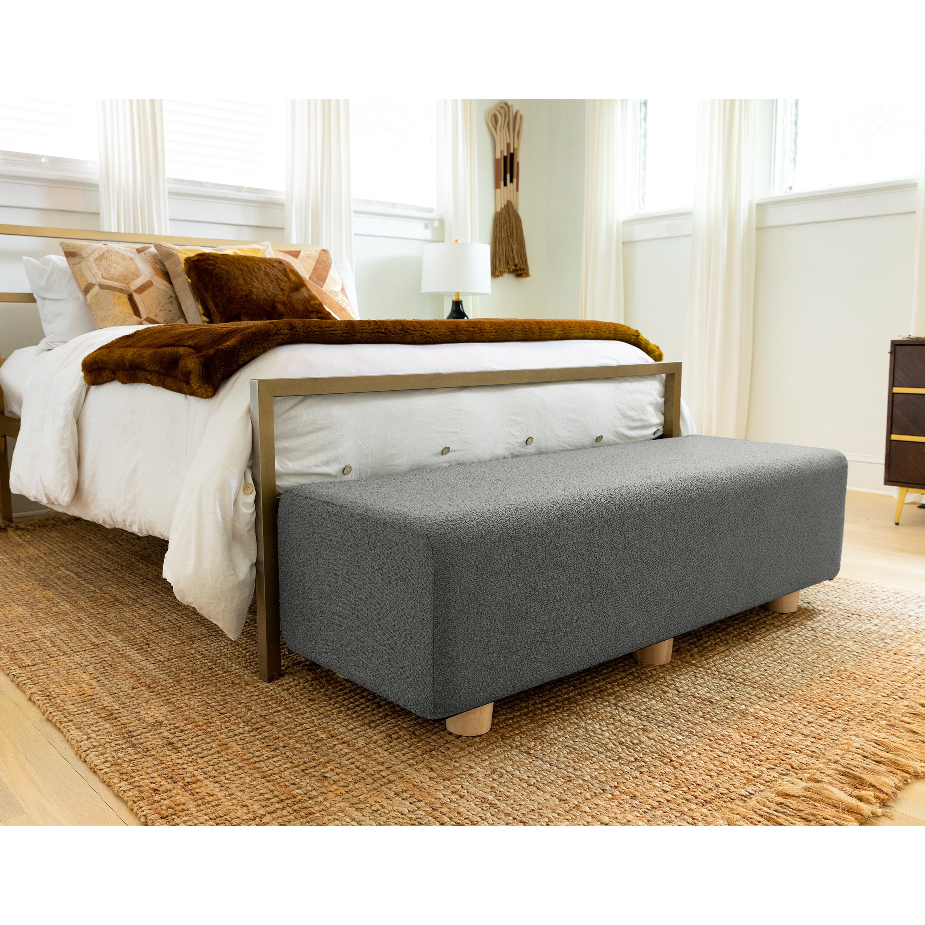 Jaxx Caya 4-in-1 Large Bed Bench, Giant Ottoman, Dining Bench, and Yoga and Massage Platform, Queen, Boucle Dark Grey