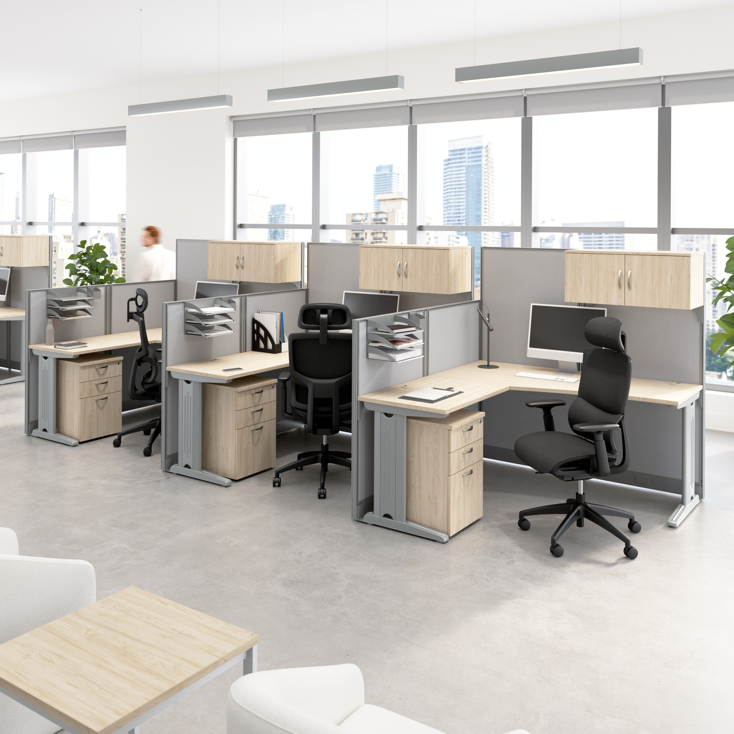 Bush Business Furniture Office in an Hour 3 Person L Shaped Cubicle Desks with Storage, Drawers, and Organizers in Natural Elm - 193.47" Width x 64.48" Depth x 62.86" Height