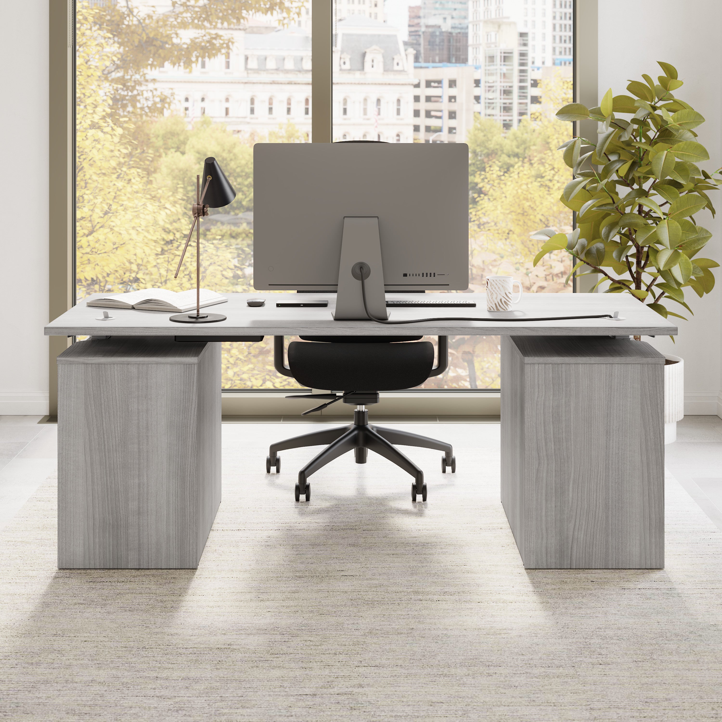 Bush Business Furniture Stratus&nbsp;72W x&nbsp;30D Electric Height Adjustable Standing Desk with Drawers in Platinum Gray with Metallic Gray Base - 71.02" Width x 29.37" Depth x 27.44" Height