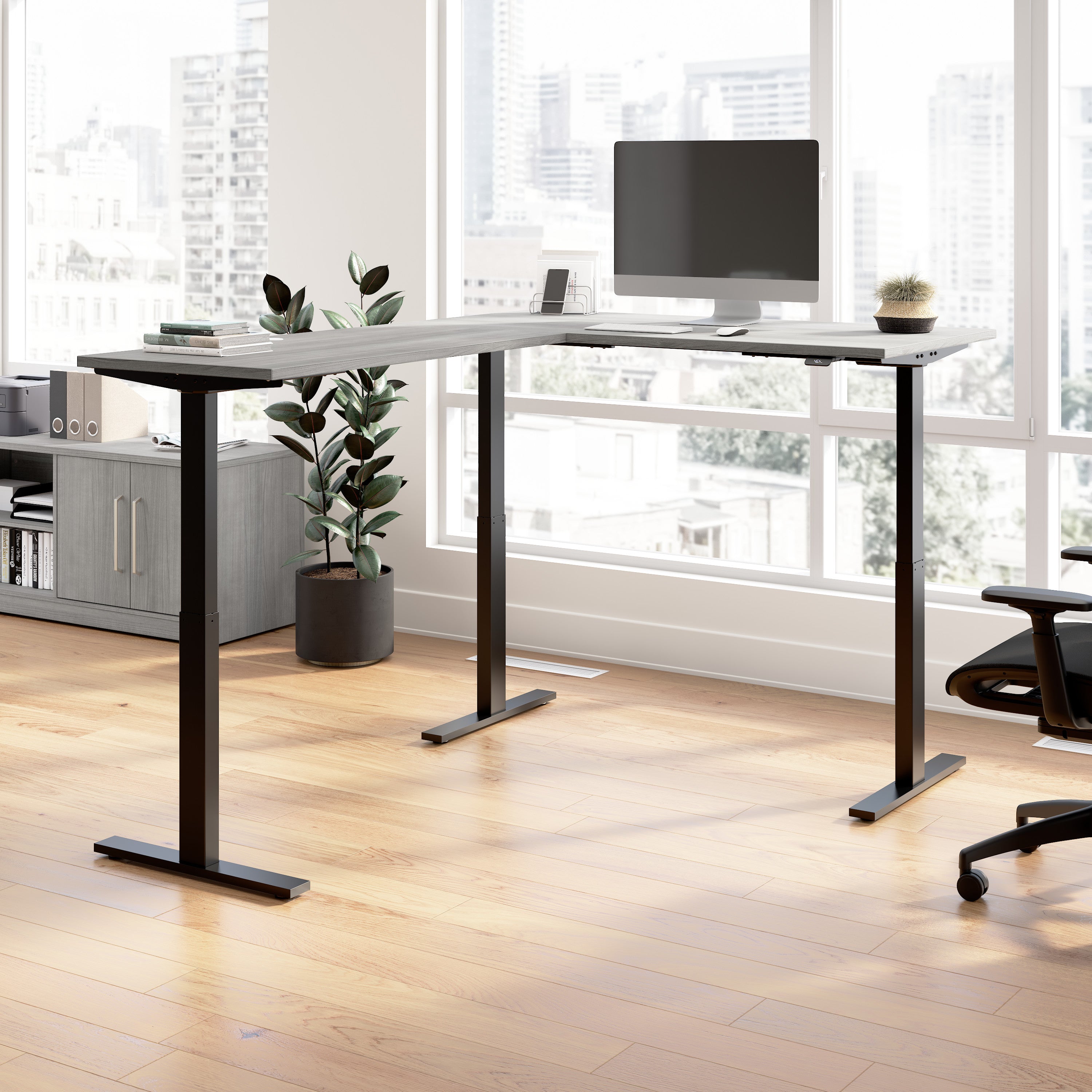 Bush Business Furniture Move 60 Series 60W Height Adjustable L Shaped Standing Desk in Platinum Gray with Black Base - 59.45" Width x 76.97" Depth x 27.44" Height