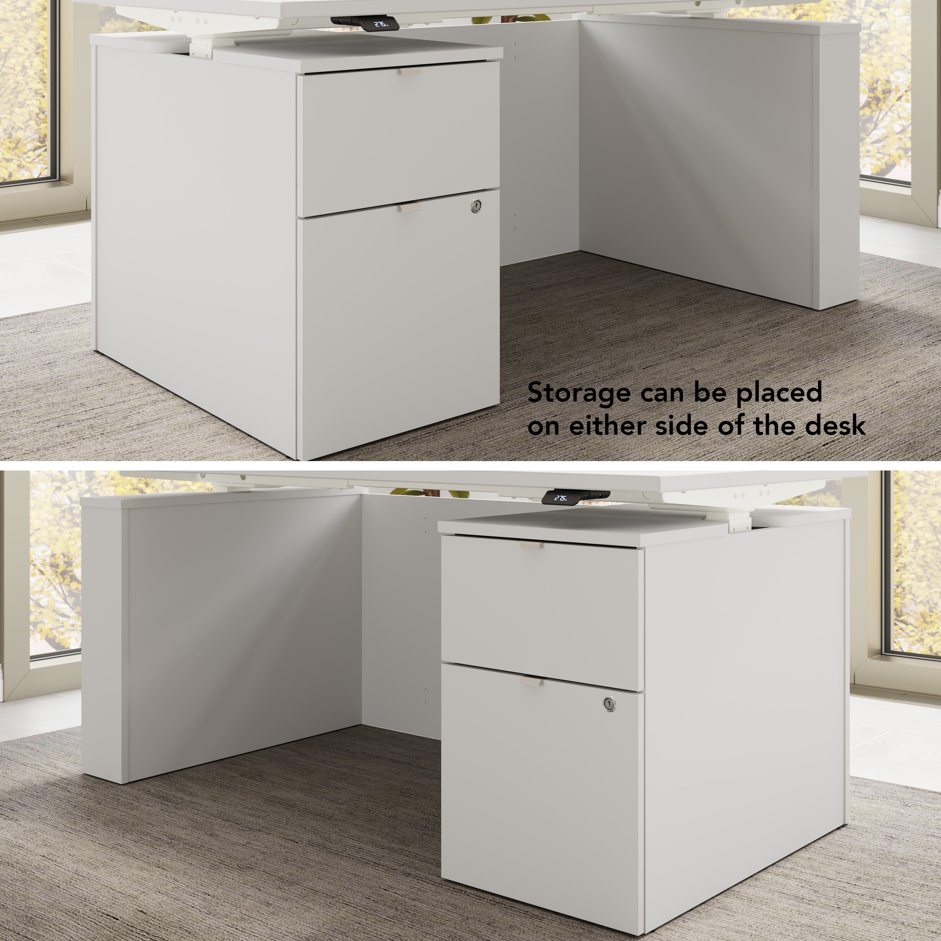 Bush Business Furniture Stratus&nbsp;60W x&nbsp;30D Eletric Height Adjustable Standing Desk with File Cabinet in White with White Base - 59.45" Width x 29.37" Depth x 27.44" Height