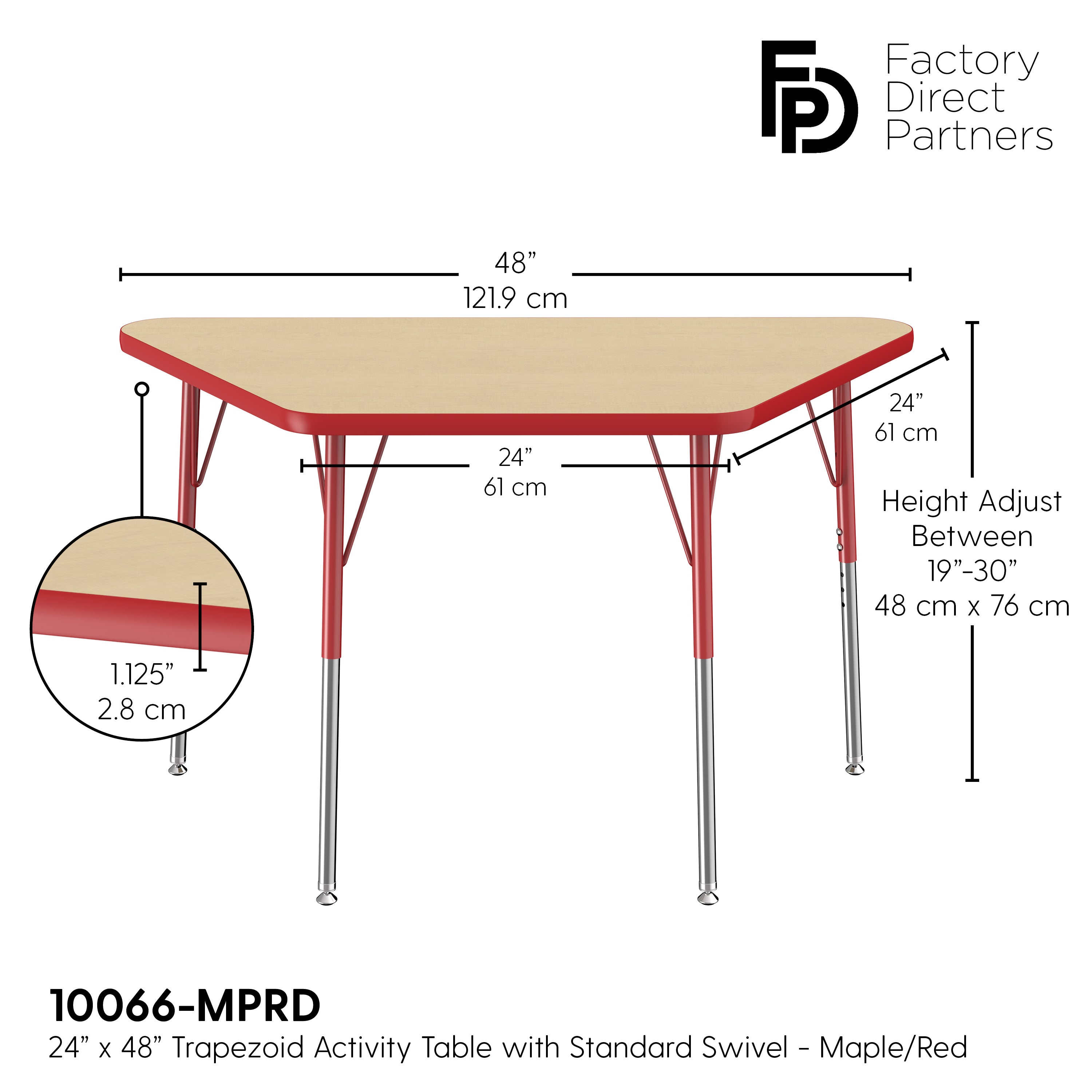 24" x 48" Trapezoid T-Molding Activity Table with Adjustable Standard Swivel Glide Legs - Maple/Red