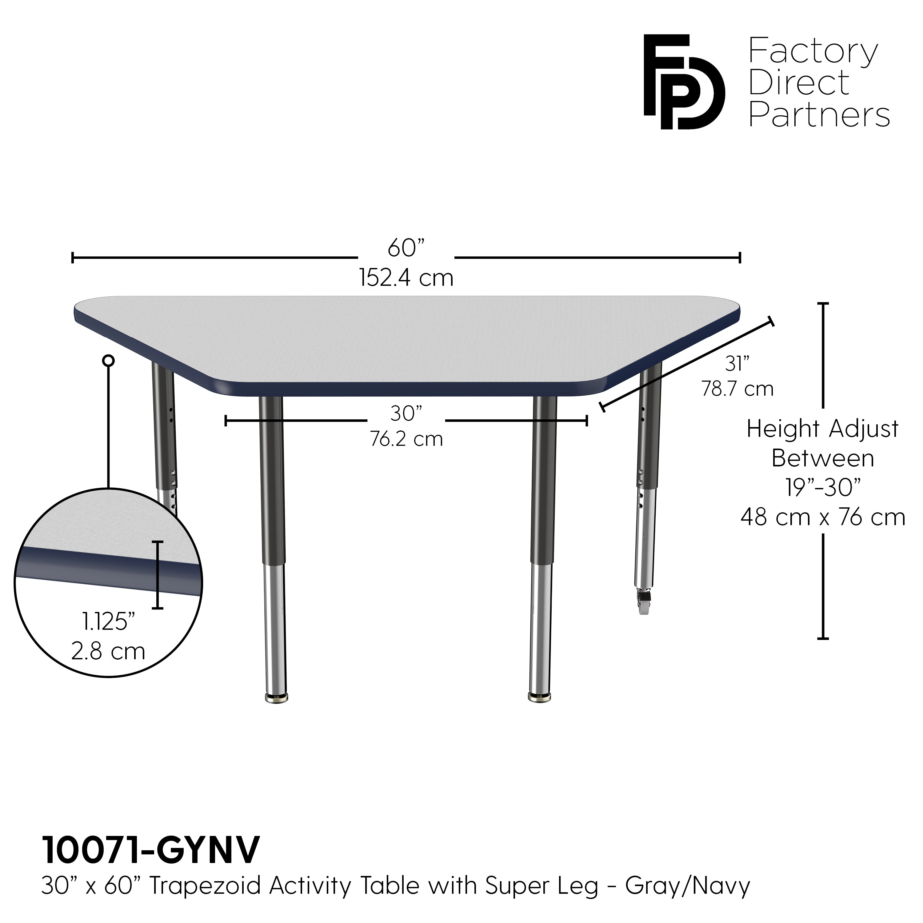 30" x 60" Trapezoid T-Molding Activity Table with Adjustable Super Legs - Gray/Navy/Black