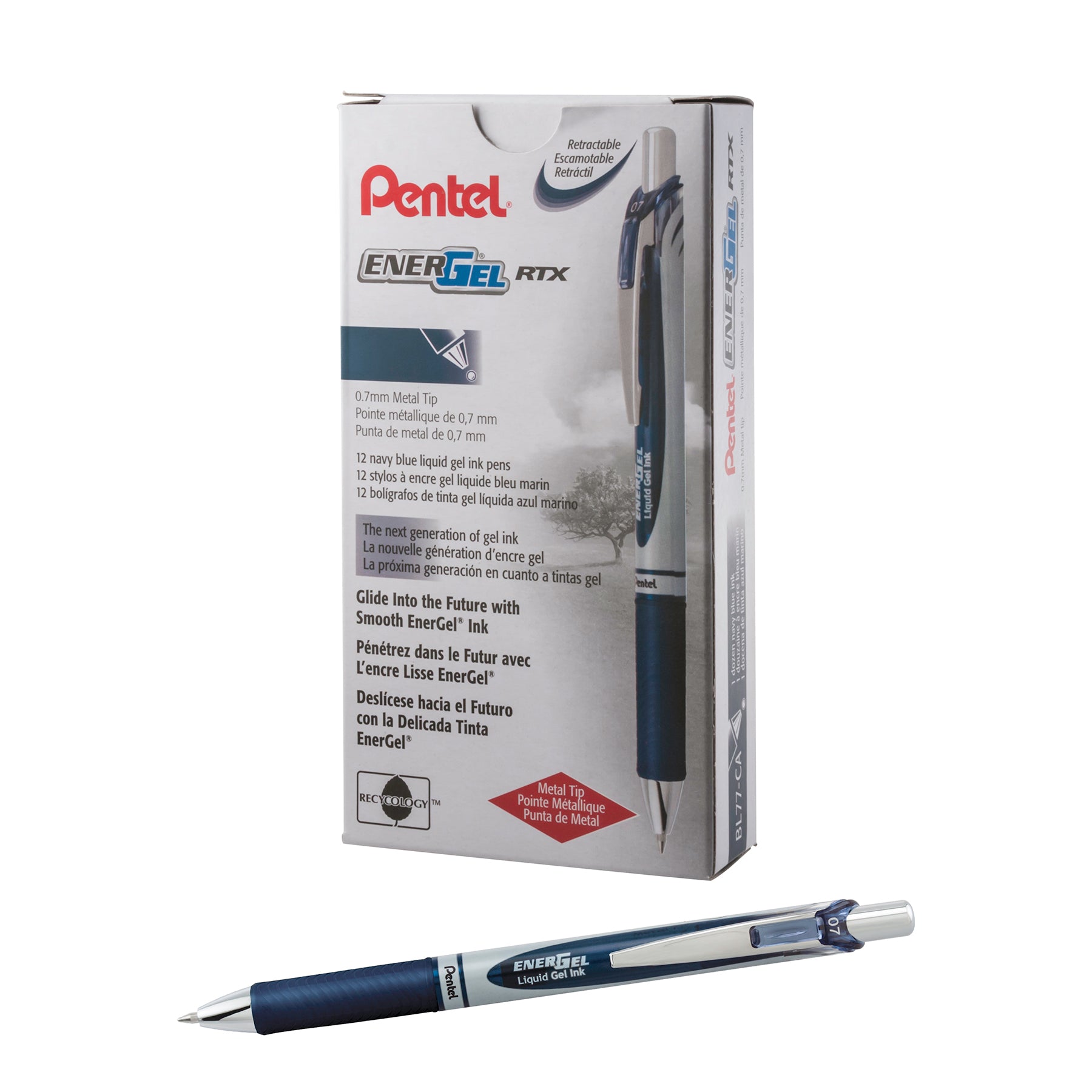 EnerGel RTX Retractable Liquid Gel Pen, (0.7mm) Metal Tip, Medium Line, Navy Blue Ink, 1 Dozen