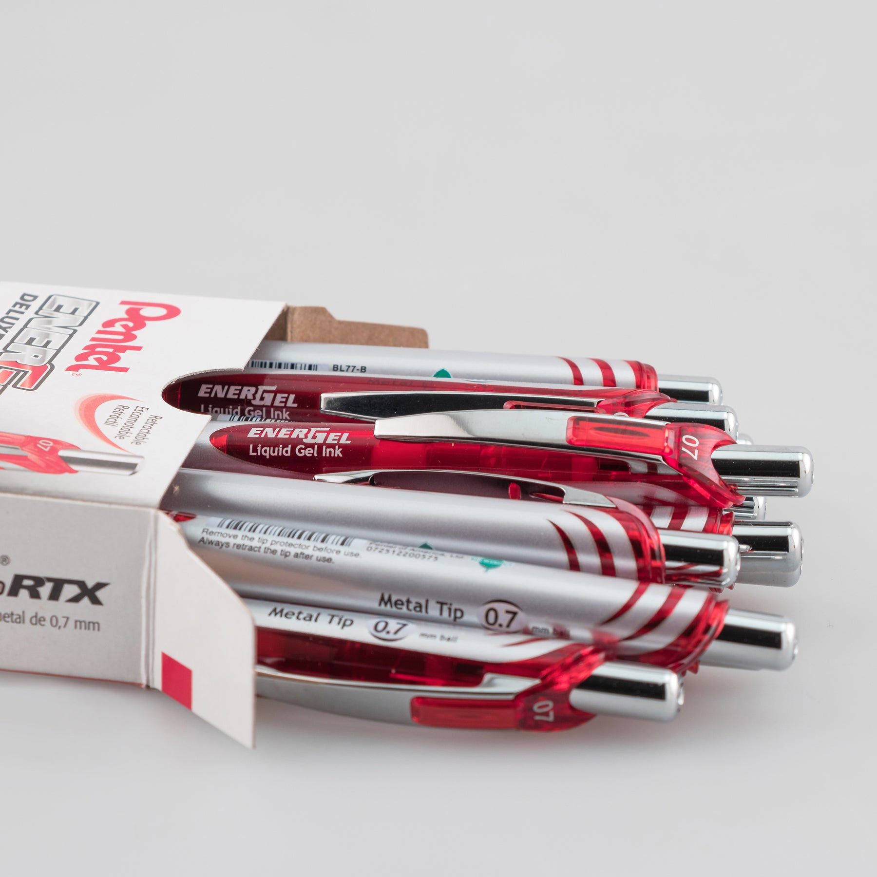 EnerGel RTX Retractable Liquid Gel Pen, (0.7mm) Metal Tip, Medium Line, Red Ink, 1 Dozen