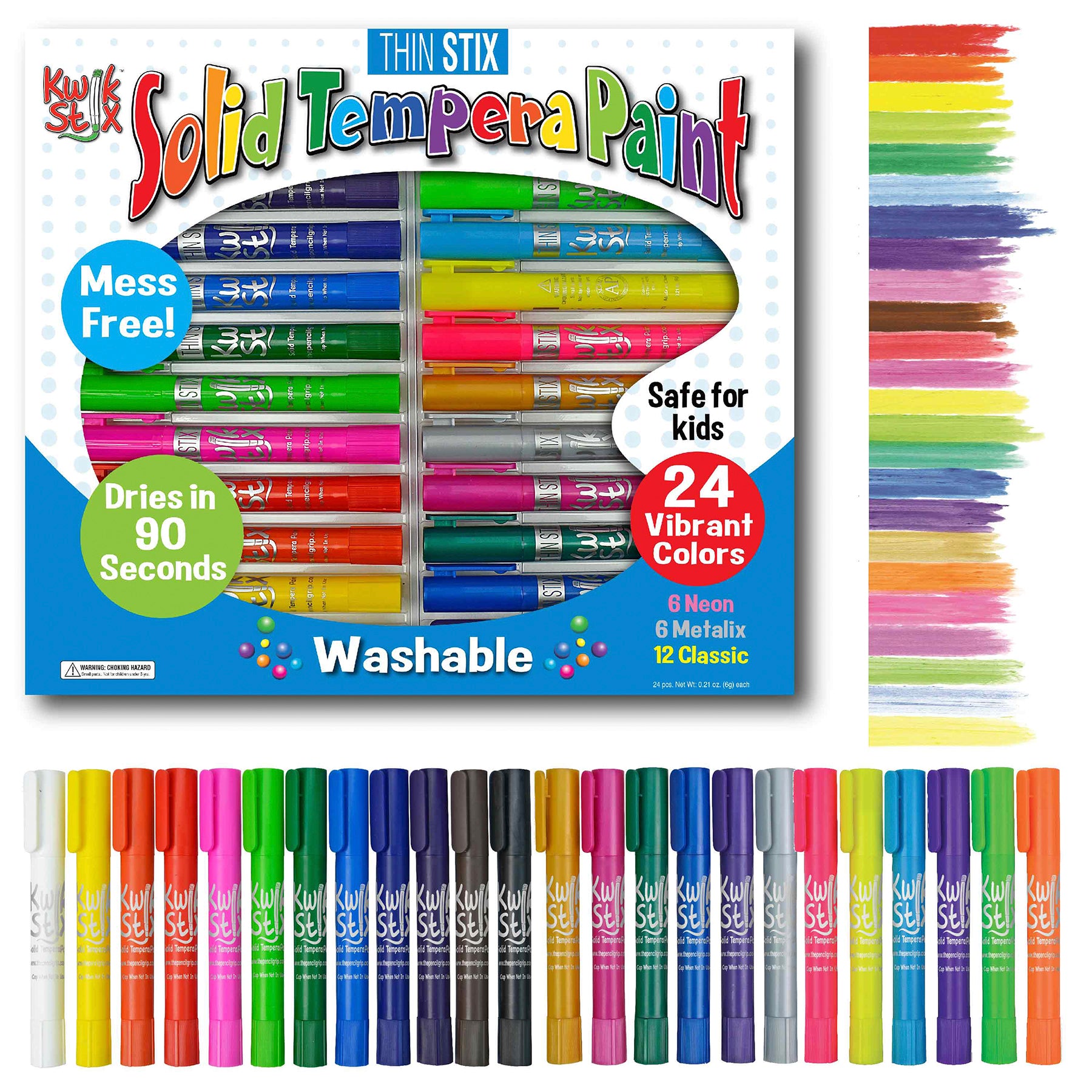 Thin Stix Solid Tempera Paint Set (Classic, Neon, Metallic), Pack of 24
