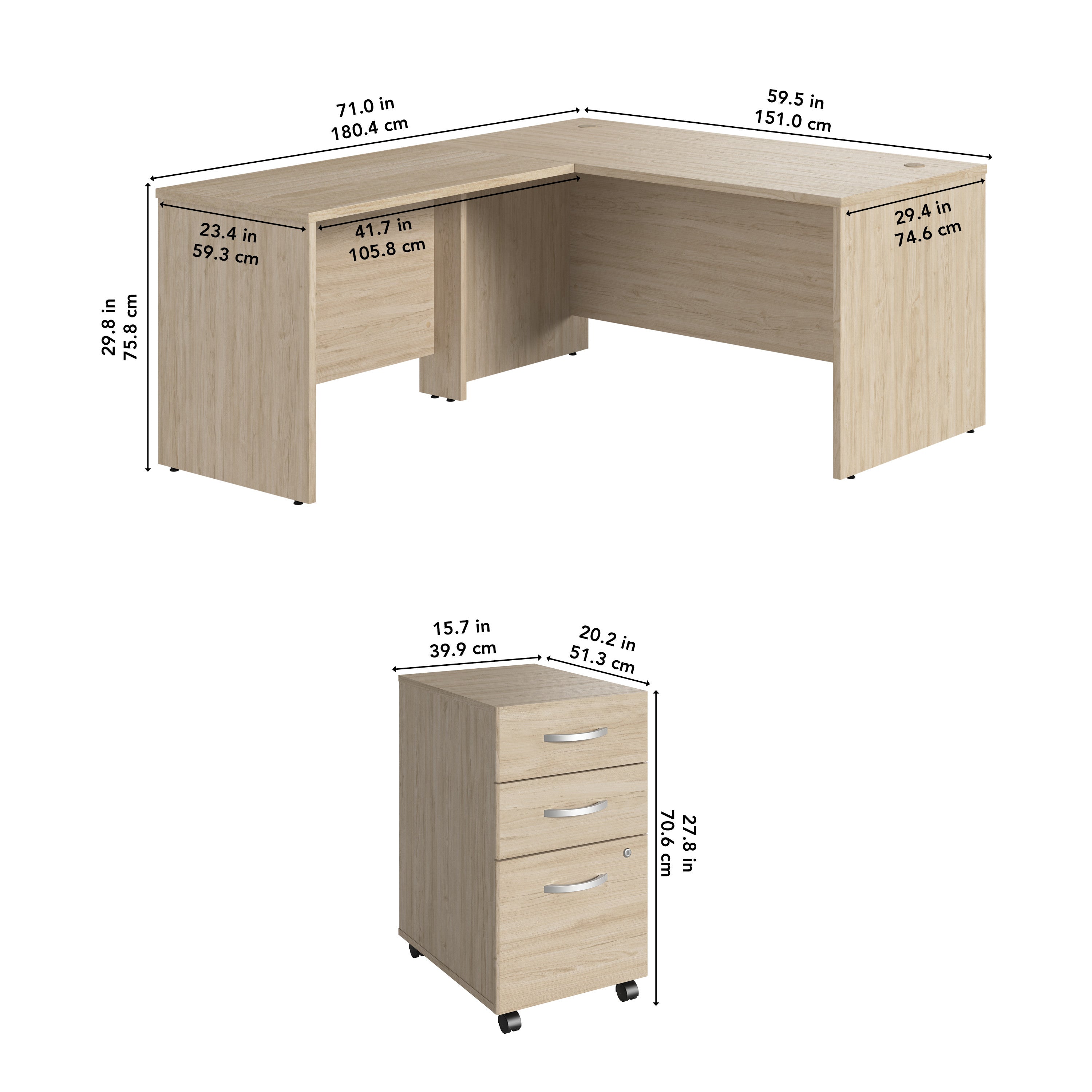 Bush Business Furniture Studio C 60W x 30D L Shaped Desk with Mobile File Cabinet in Natural Elm - 59.45" Width x 71.02" Depth x 29.84" Height