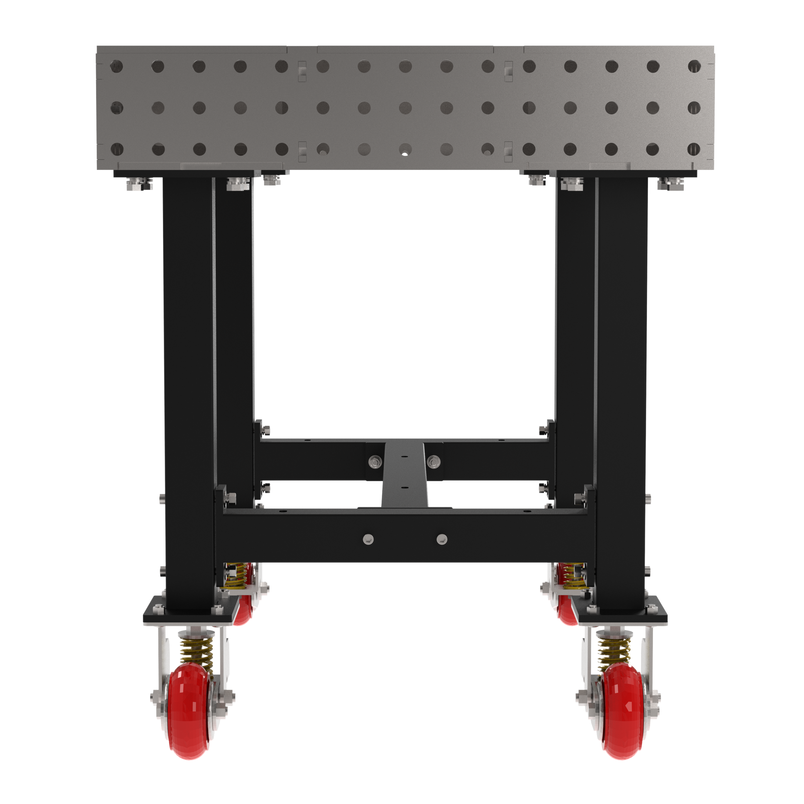 Welding Fixture Table, Fixed Height, 36"H x 48"L x 30"D, 1/4" Carbon Steel Top, Four Black  Powdercoat Legs, 4 Heavy Duty Suspension Casters (2 Locking/Swiveling Casters and 2 Non-Locking/Non-SwivelingCasters)