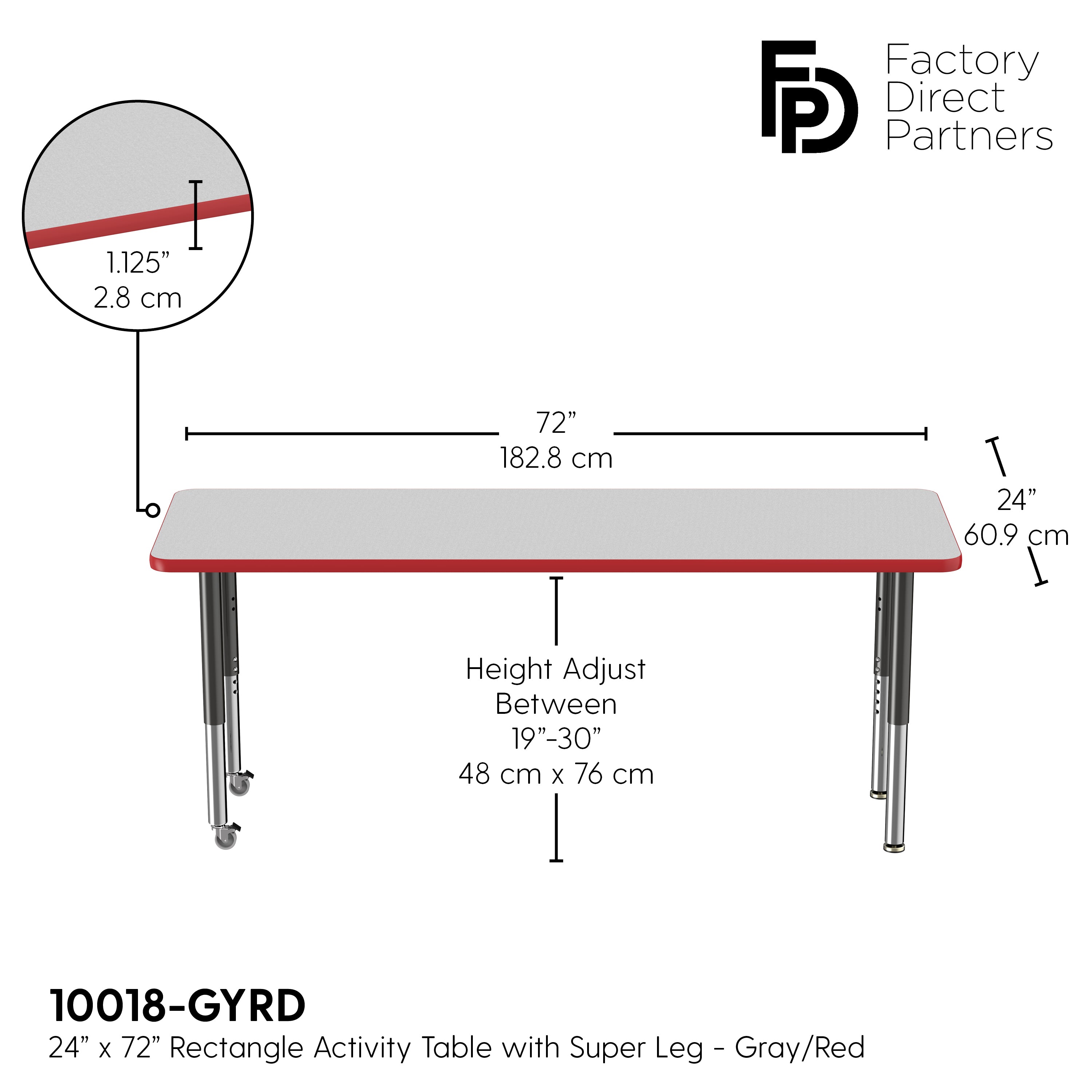 24" x 72" Rectangle T-Molding Activity Table with Adjustable Super Legs - Gray/Red/Black