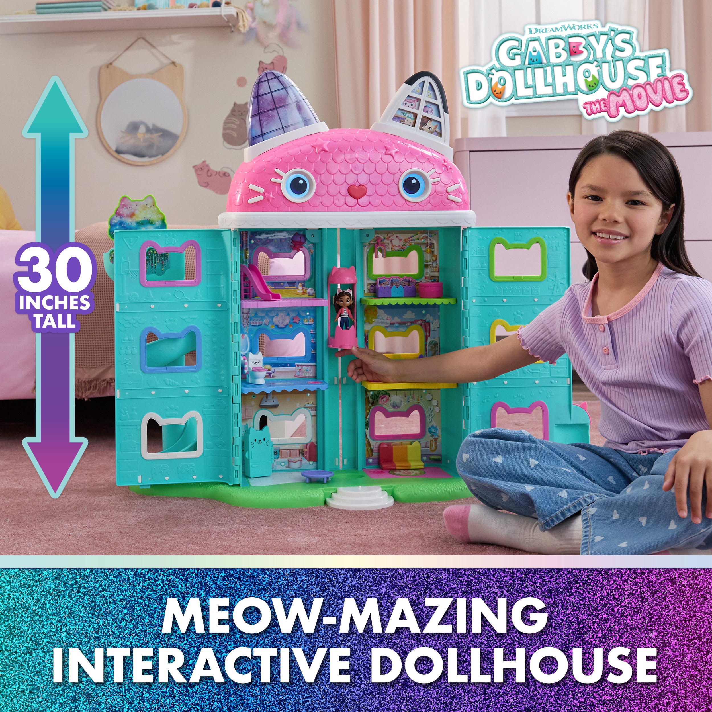 Gabby's Dollhouse: The Movie, Meow-mazing Interactive Dollhouse, 7 Rooms, LCD Screen Eyes, Figures, Sound FX, Kids Toys for Girls & Boys Ages 3 and Up