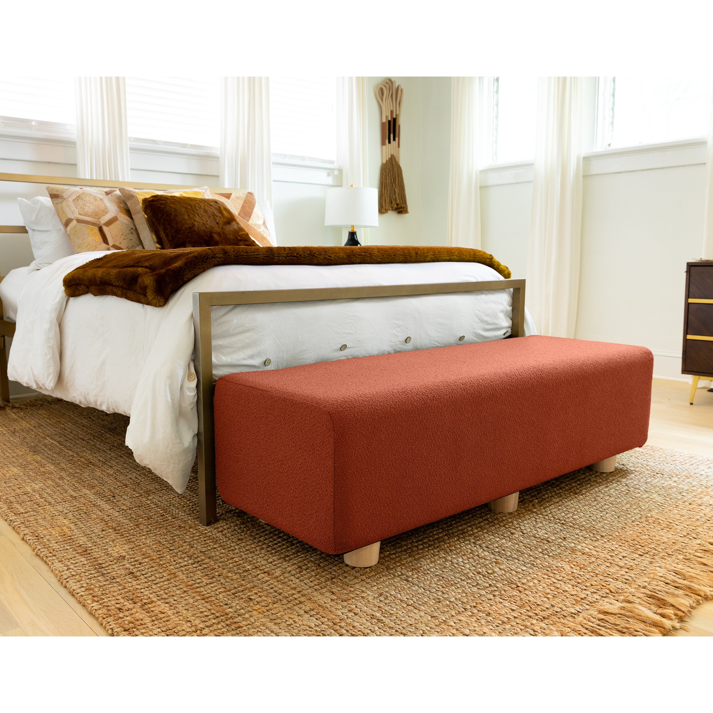 Jaxx Caya 4-in-1 Large Bed Bench, Giant Ottoman, Dining Bench, and Yoga and Massage Platform, Queen, Boucle Terra Cotta