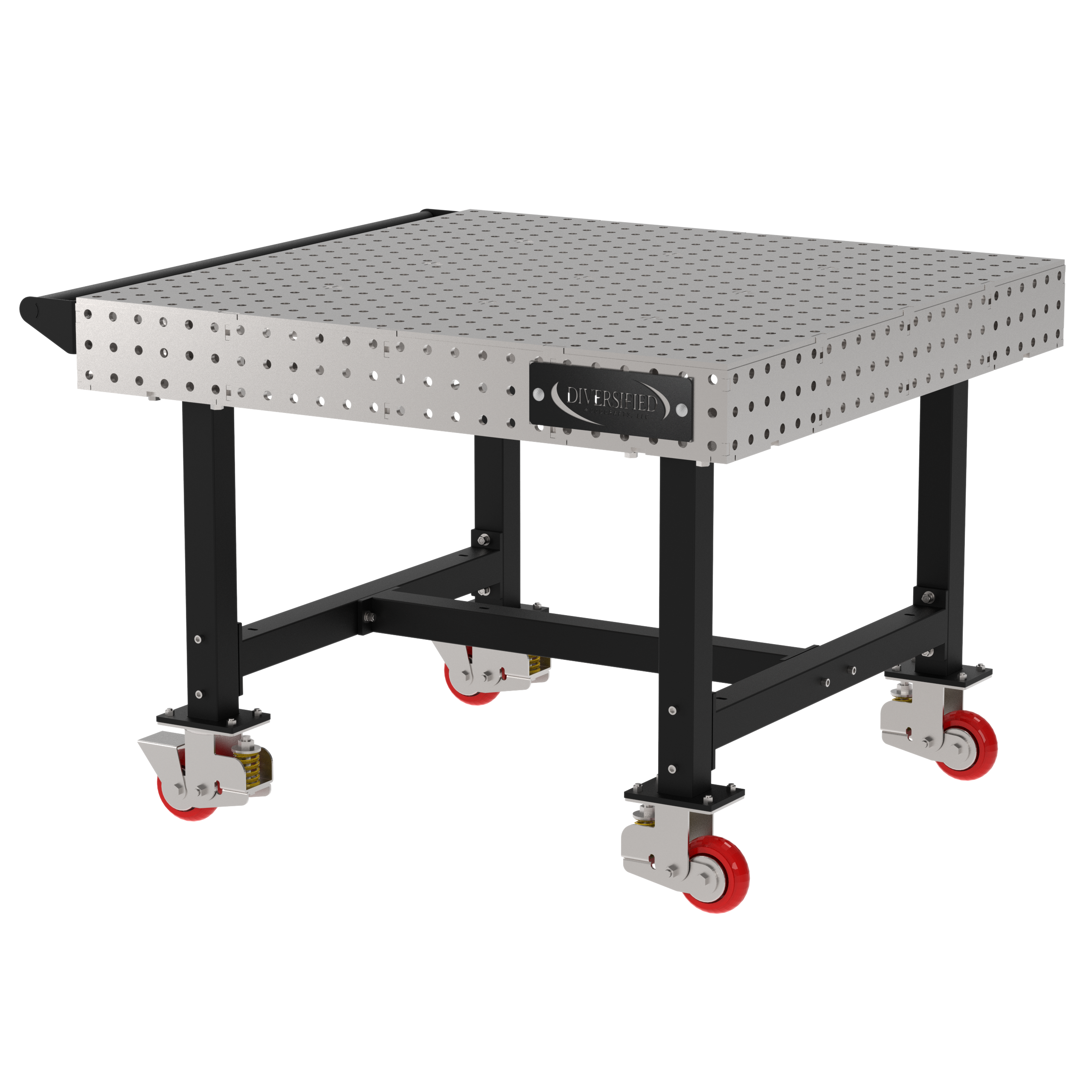 Welding Fixture Table, Fixed Height, 36"H x 48"L x 48"D, 1/4" Carbon Steel Top, Four Black Powdercoat Legs, Handle, 4 Heavy Duty Suspension Casters (2 Locking/Swiveling Casters and 2 Non-Locking/Non-SwivelingCasters)