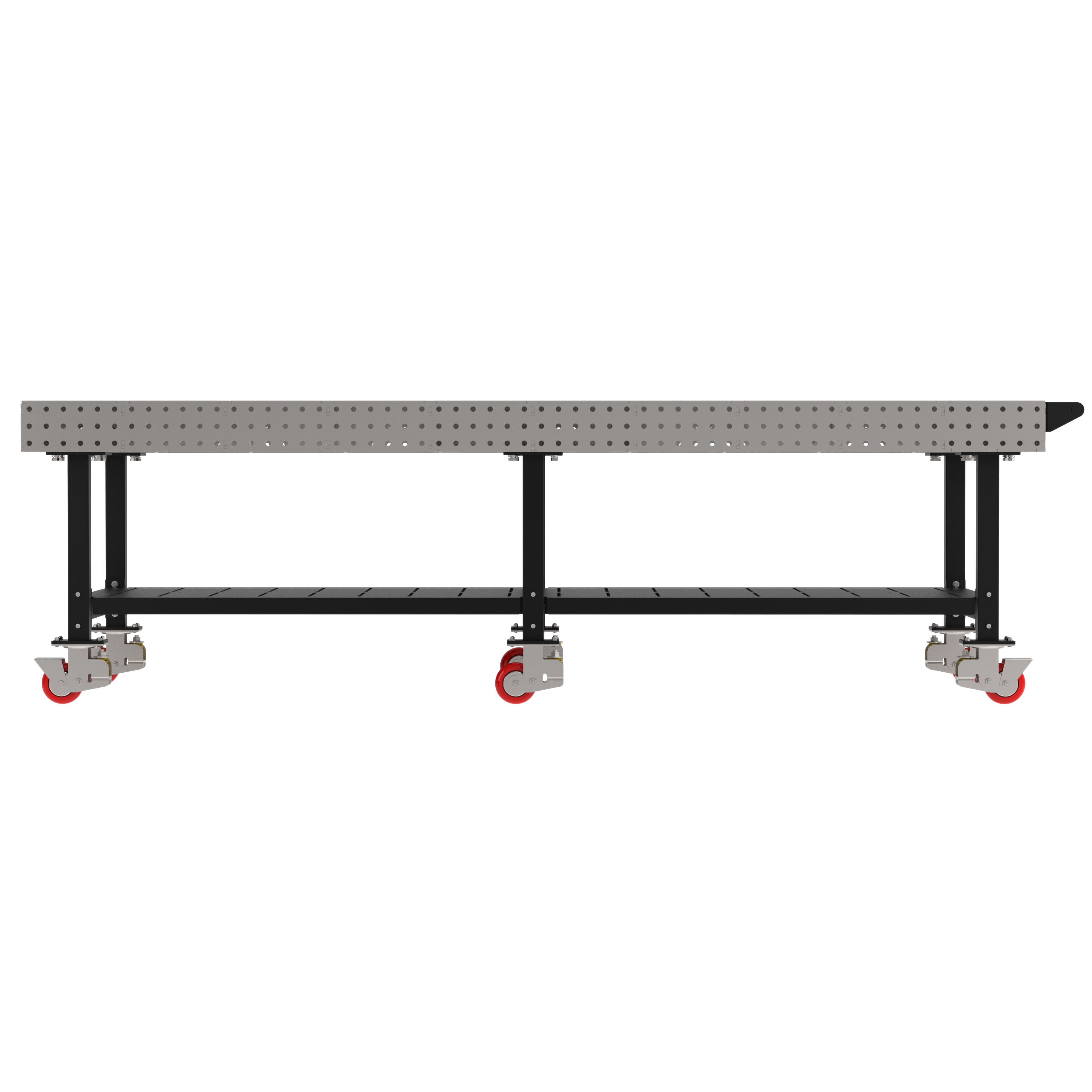 Welding Fixture Table, Fixed Height, 36"H x 120"L x 48"D, 1/4" Carbon Steel Top, Six Black Powdercoat Legs, Shelf, Handle, 6 Heavy Duty Suspension Casters (4 Locking/Swiveling Casters and 2 Non-Locking/Non-SwivelingCasters)