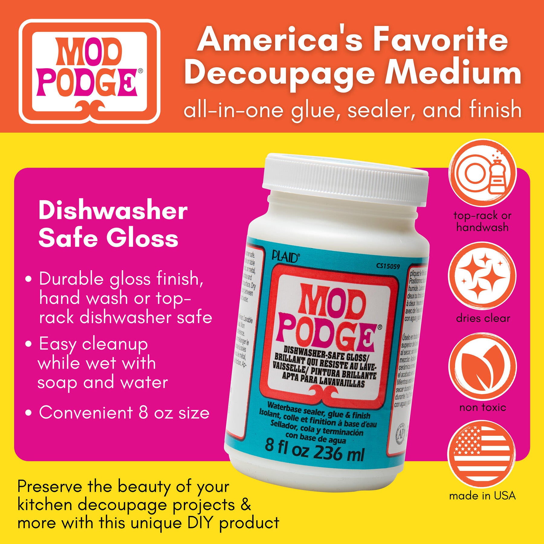 Decoupage Glue, Dishwasher Safe Gloss, 8oz.