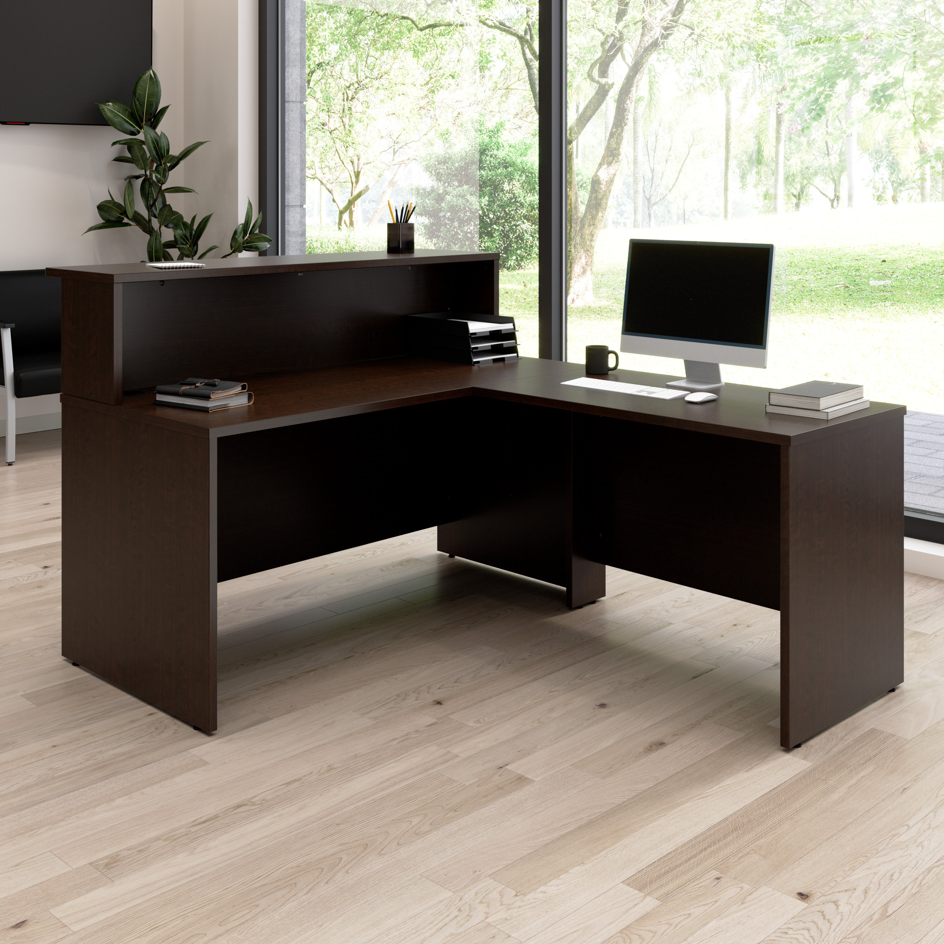 Bush Business Furniture Arrive 60W x 72D L Shaped Reception Desk with Shelf in Mocha Cherry - 59.45" Width x 71.02" Depth x 43.71" Height
