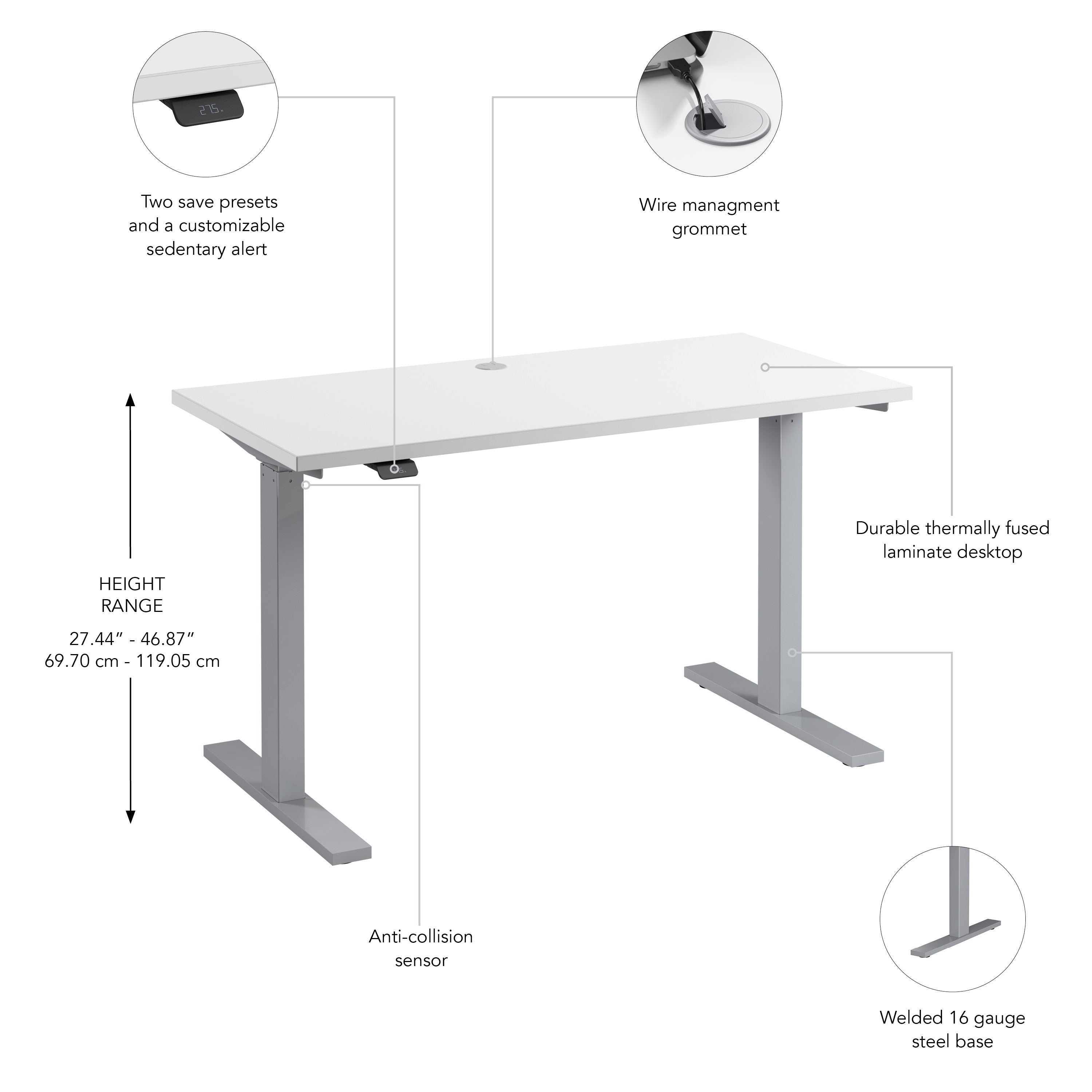 Bush Business Furniture Move 60 Series 48W x 24D Electric Height Adjustable Standing Desk in White with Metallic Gray Base - 47.6" Width x 23.62" Depth x 47.69" Height