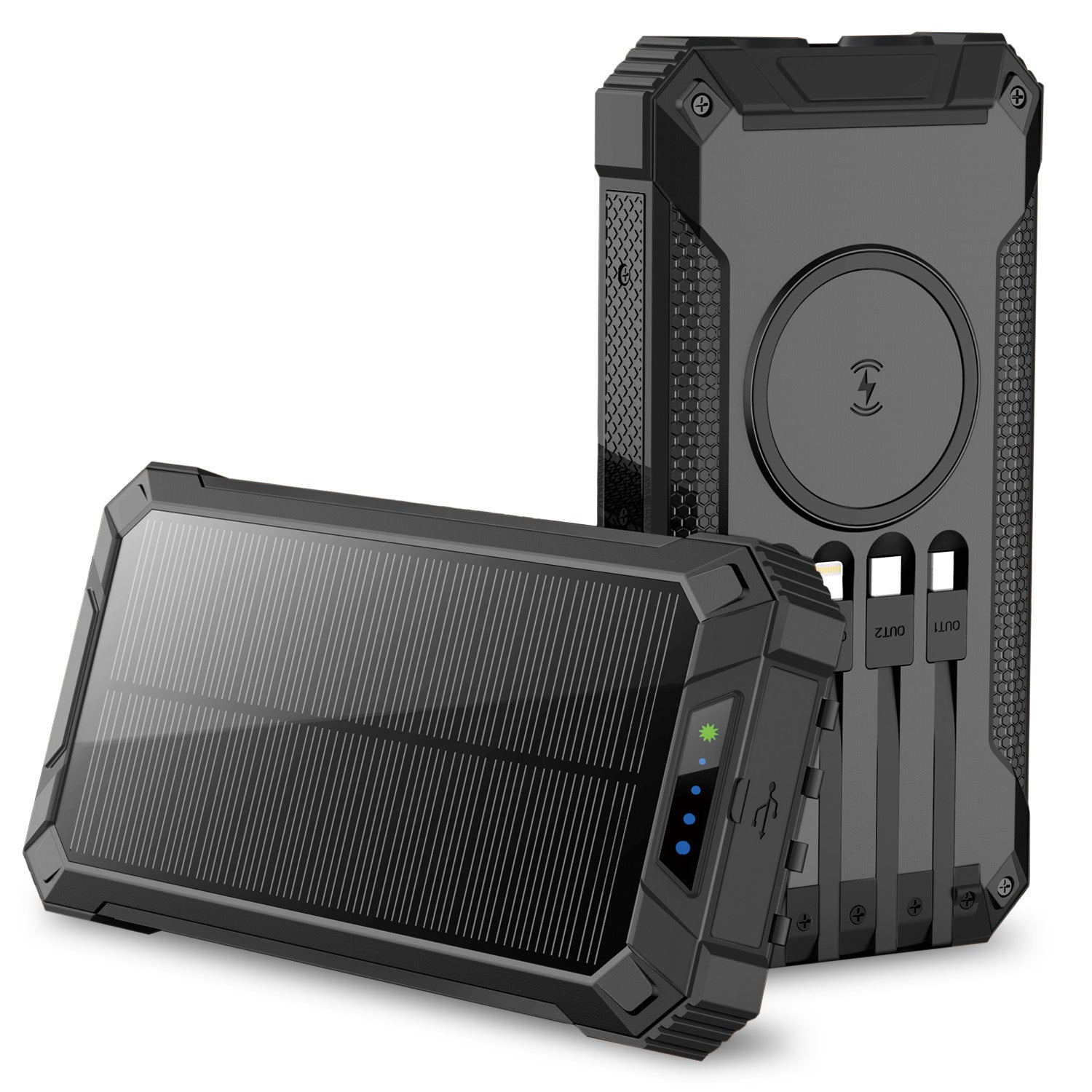 20000mAh Solar Power Bank with Wireless Charging and Built-in Cables, Black