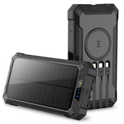 20000mAh Solar Power Bank with Wireless Charging and Built-in Cables, Black