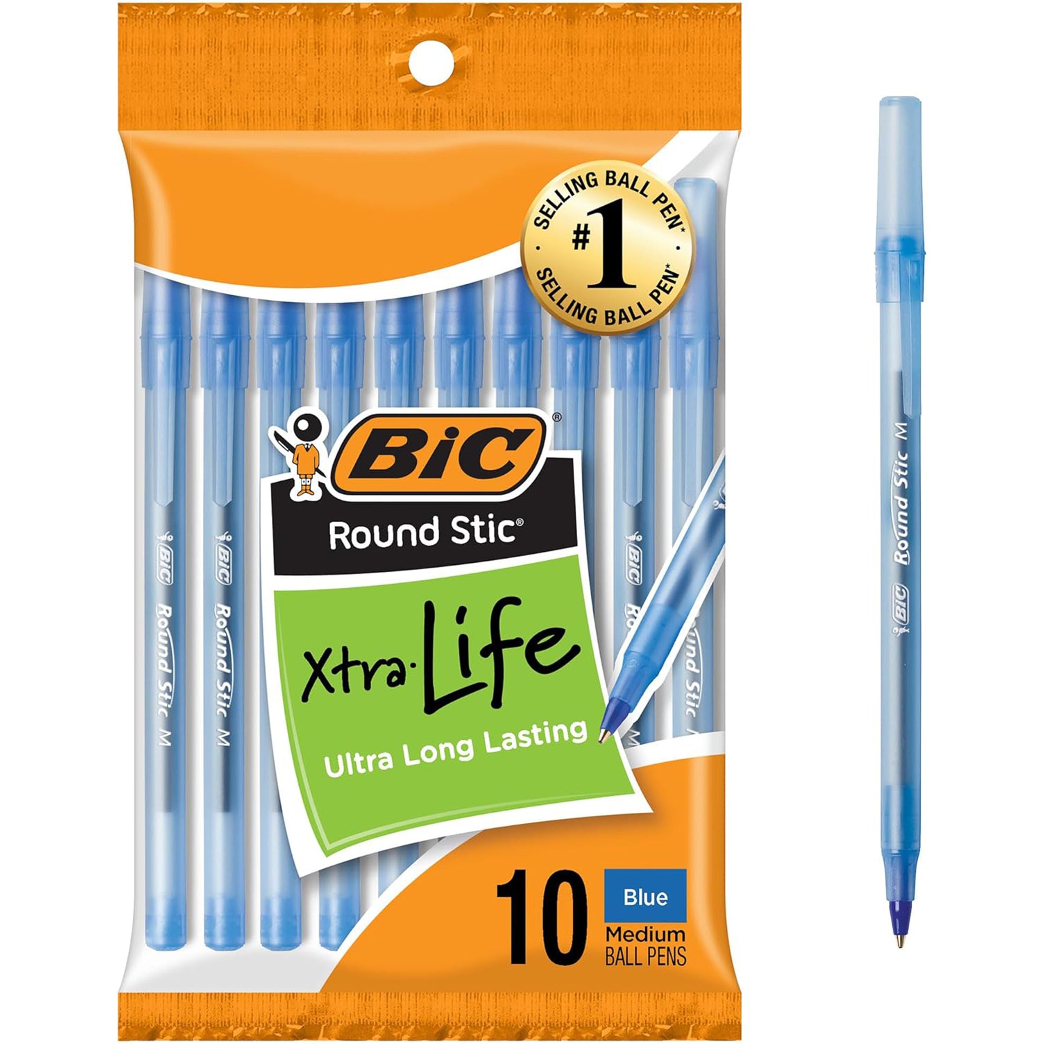 Round Stic® Xtra Life Ballpoint Pen, Medium Point (1.0mm), Blue, Pack of 10