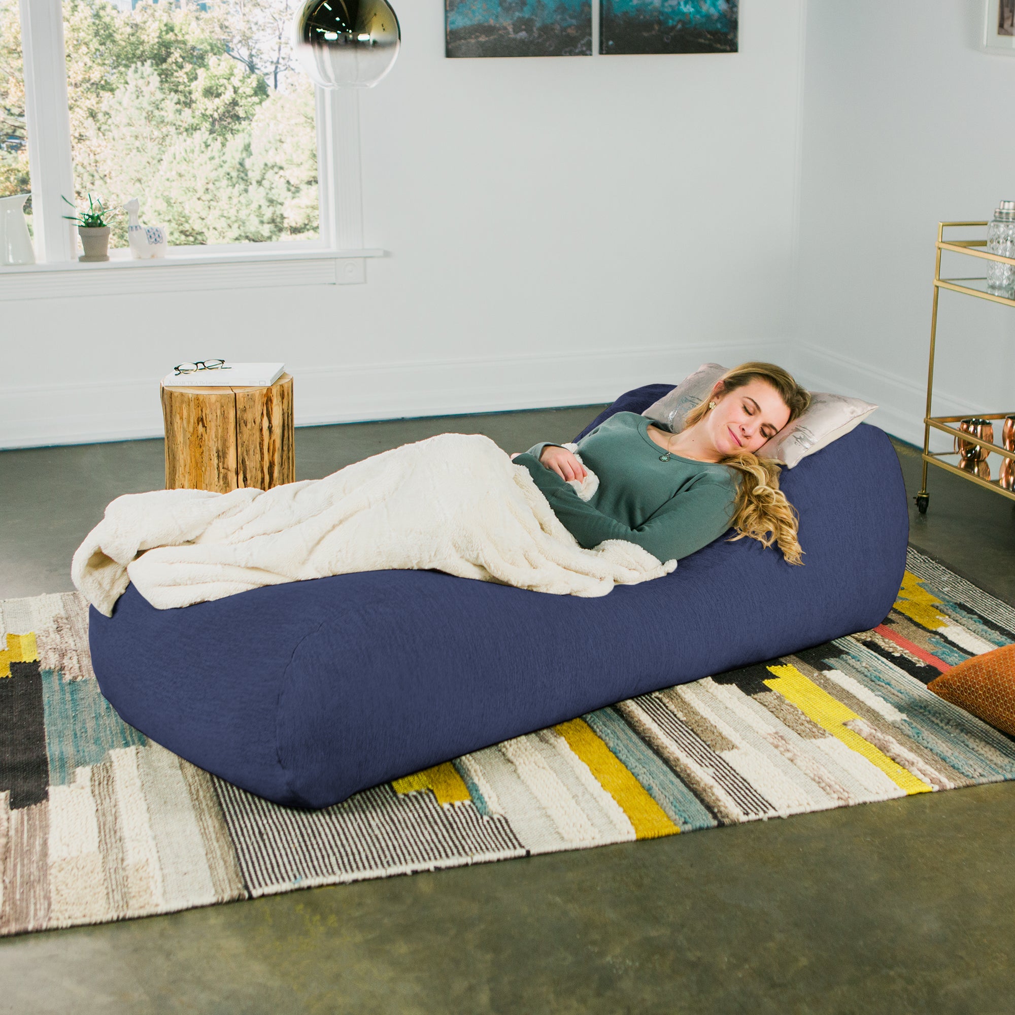 Jaxx Arlo Chaise Lounger Foam Bean Bag Chair - Premium Chenille, Navy