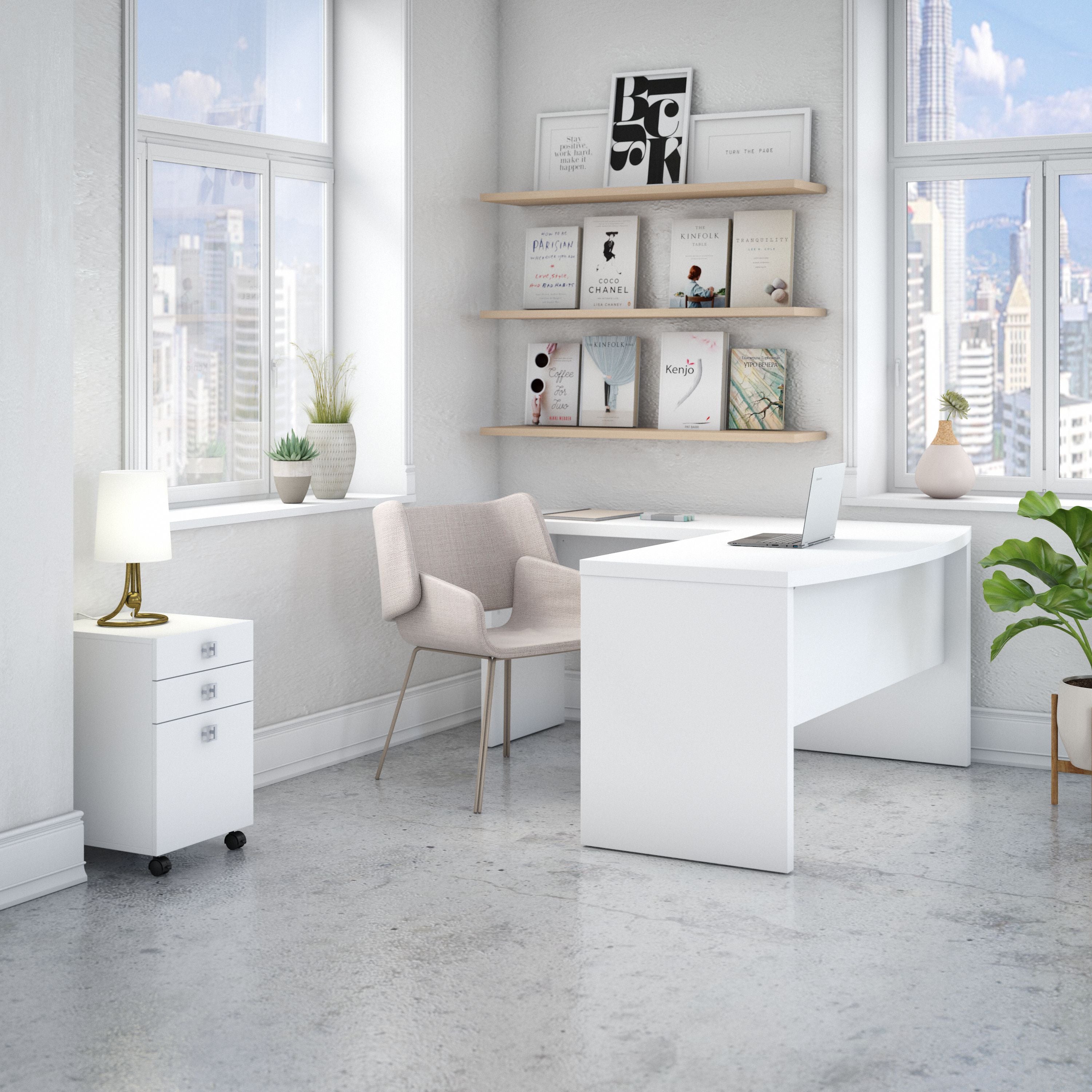 Bush Business Furniture Echo L Shaped Bow Front Desk with Mobile File Cabinet in Pure White - 60" Width x 64.33" Depth x 30" Height