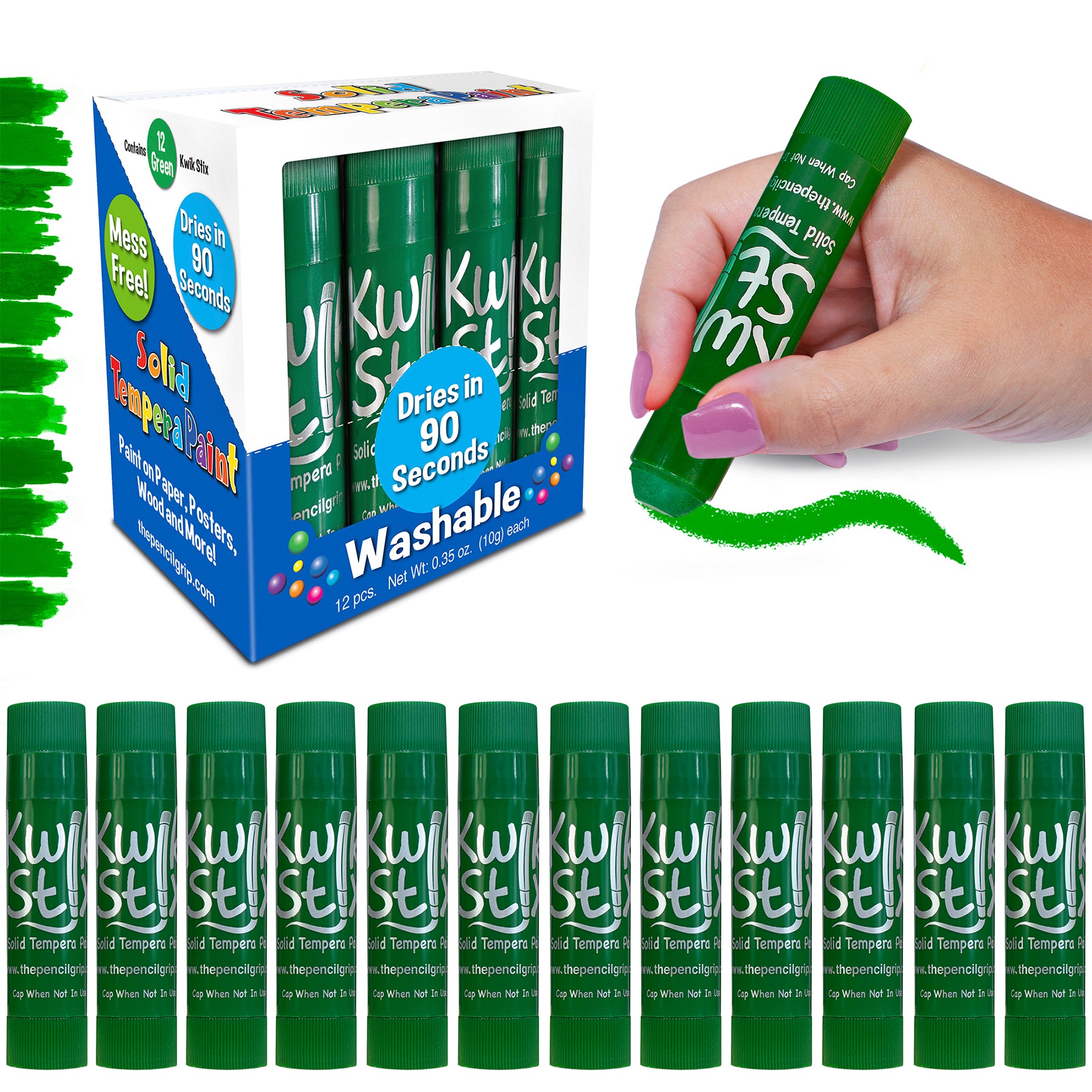 Solid Tempera Paint Sticks, Single Color Pack, Green, Pack of 12