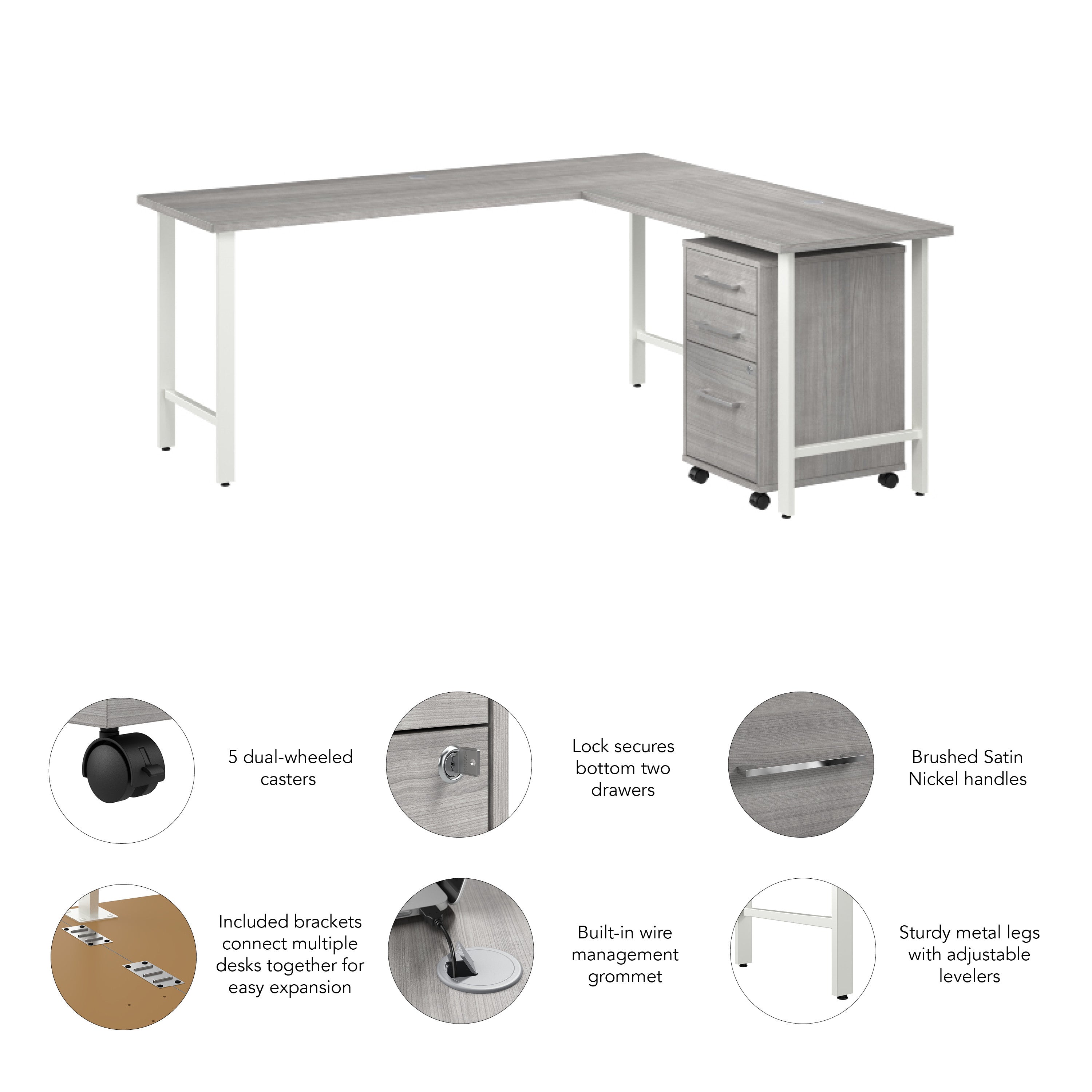 Bush Business Furniture Hustle 72W x 24D L Shaped Computer Desk with 3 Drawer Mobile File Cabinet in Platinum Gray - 71.02" Width x 65.3" Depth x 30.07" Height