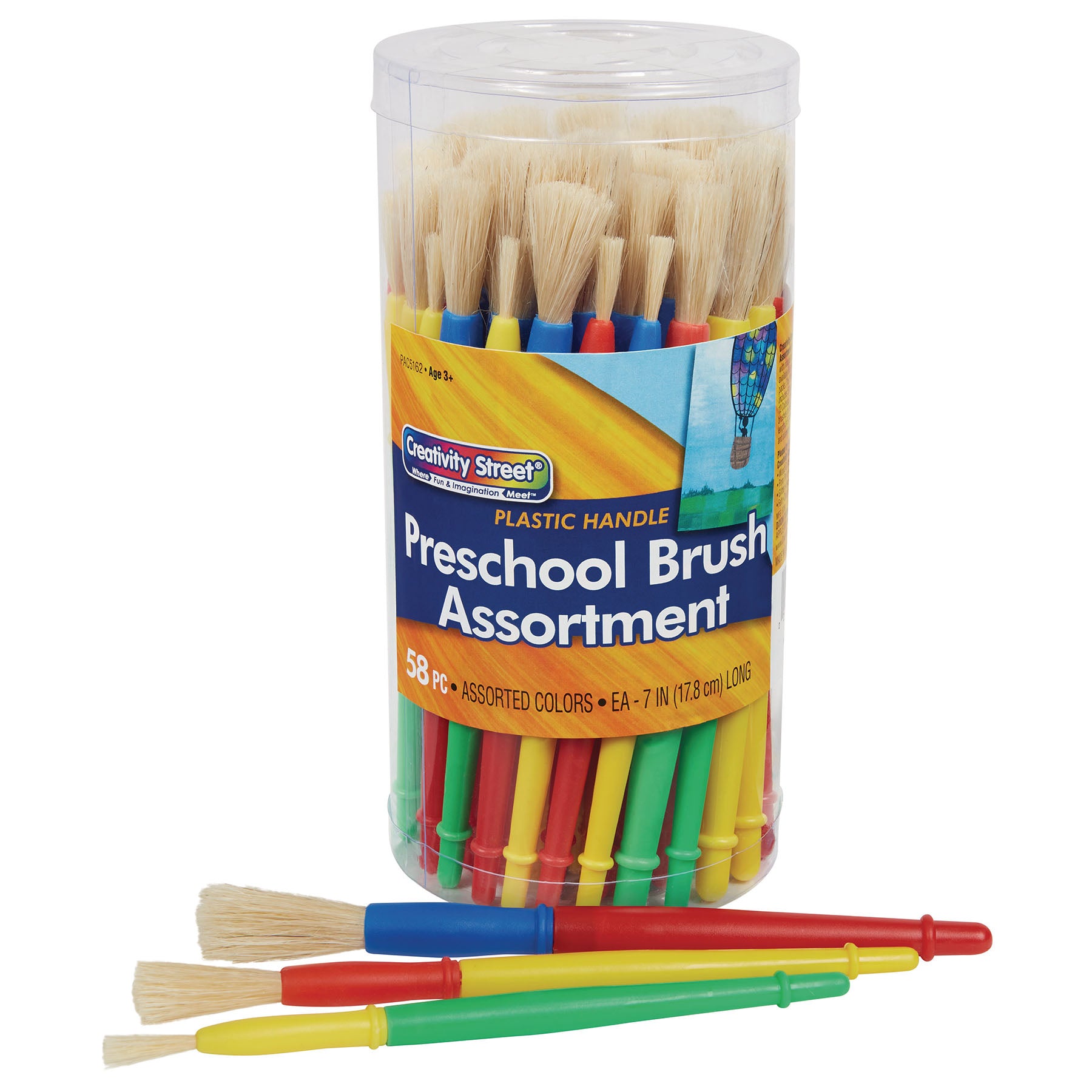 Plastic Handle Brush Classroom Packs, Preschool Brush Assortment, 7" Long, 58 Brushes