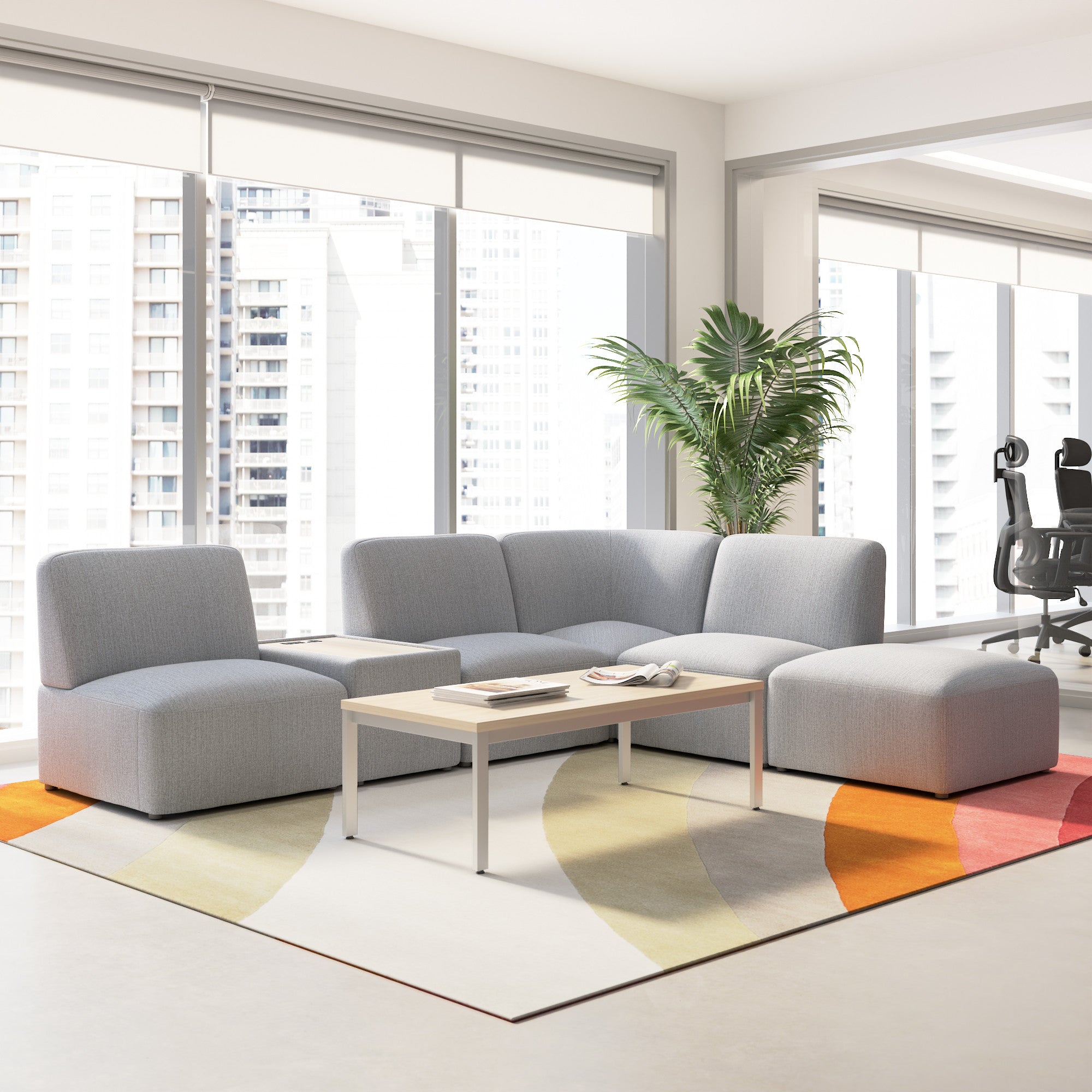 Bush Business Furniture Assemble Modular 5 Seater L Shaped Sectional with Charging Station in Fog Fabric - 100.6" Width x 89.76" Depth x 29.92" Height