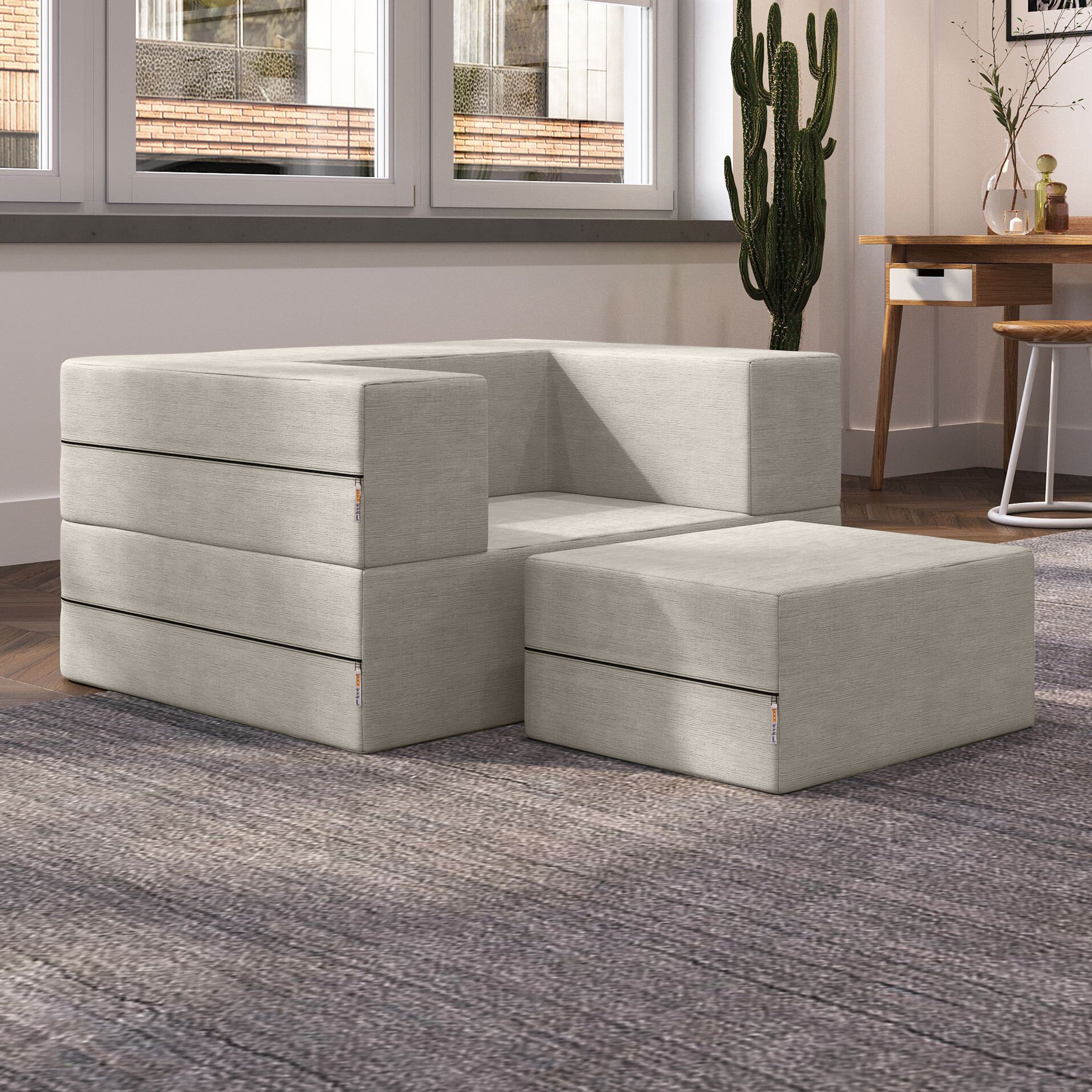 Jaxx Zipline Convertible Sleeper Futon Chair & Ottoman with Machine-Washable Cover, Dove Grey
