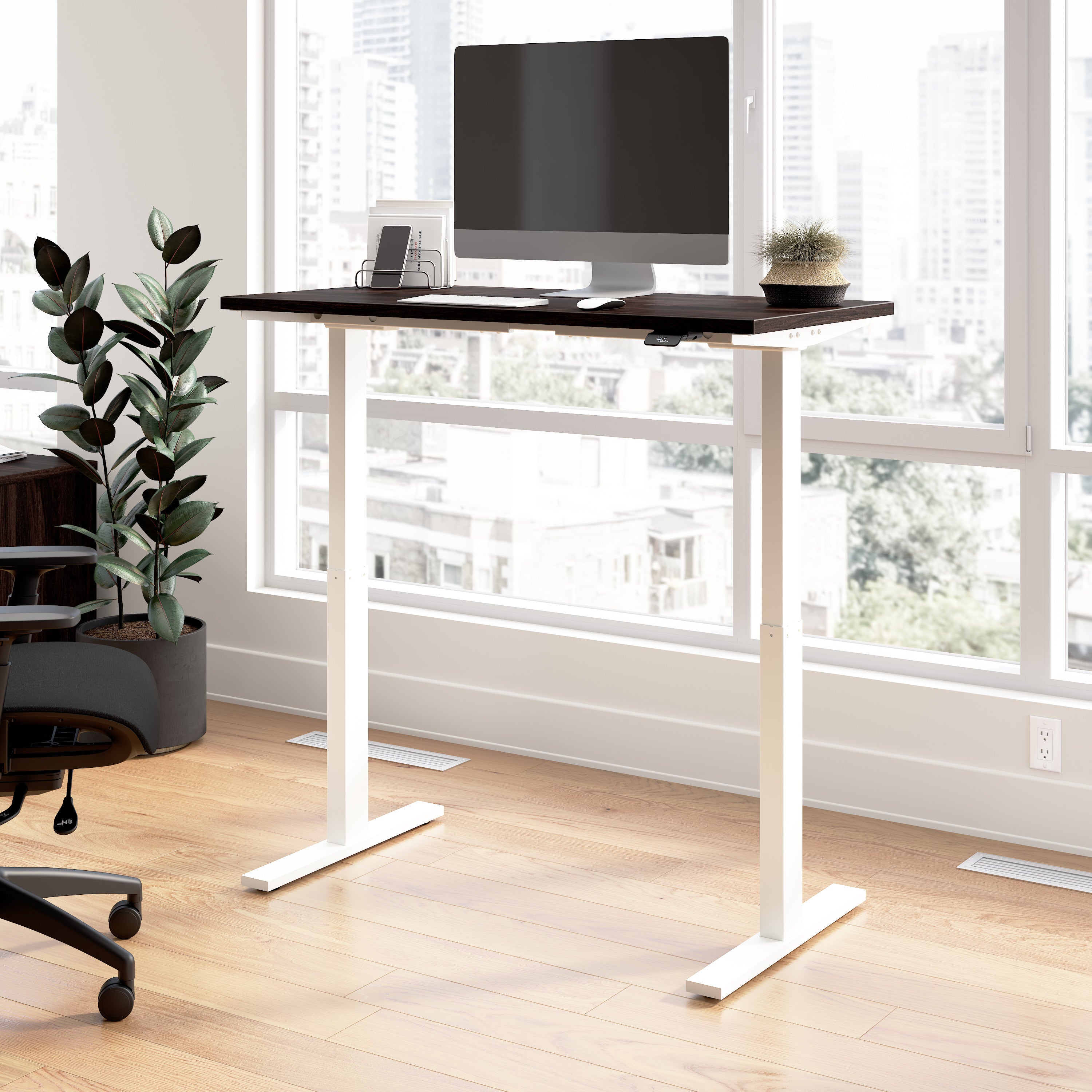 Bush Business Furniture Move 60 Series 48W x 24D Electric Height Adjustable Standing Desk in Black Walnut with White Base - 47.6" Width x 23.62" Depth x 27.44" Height