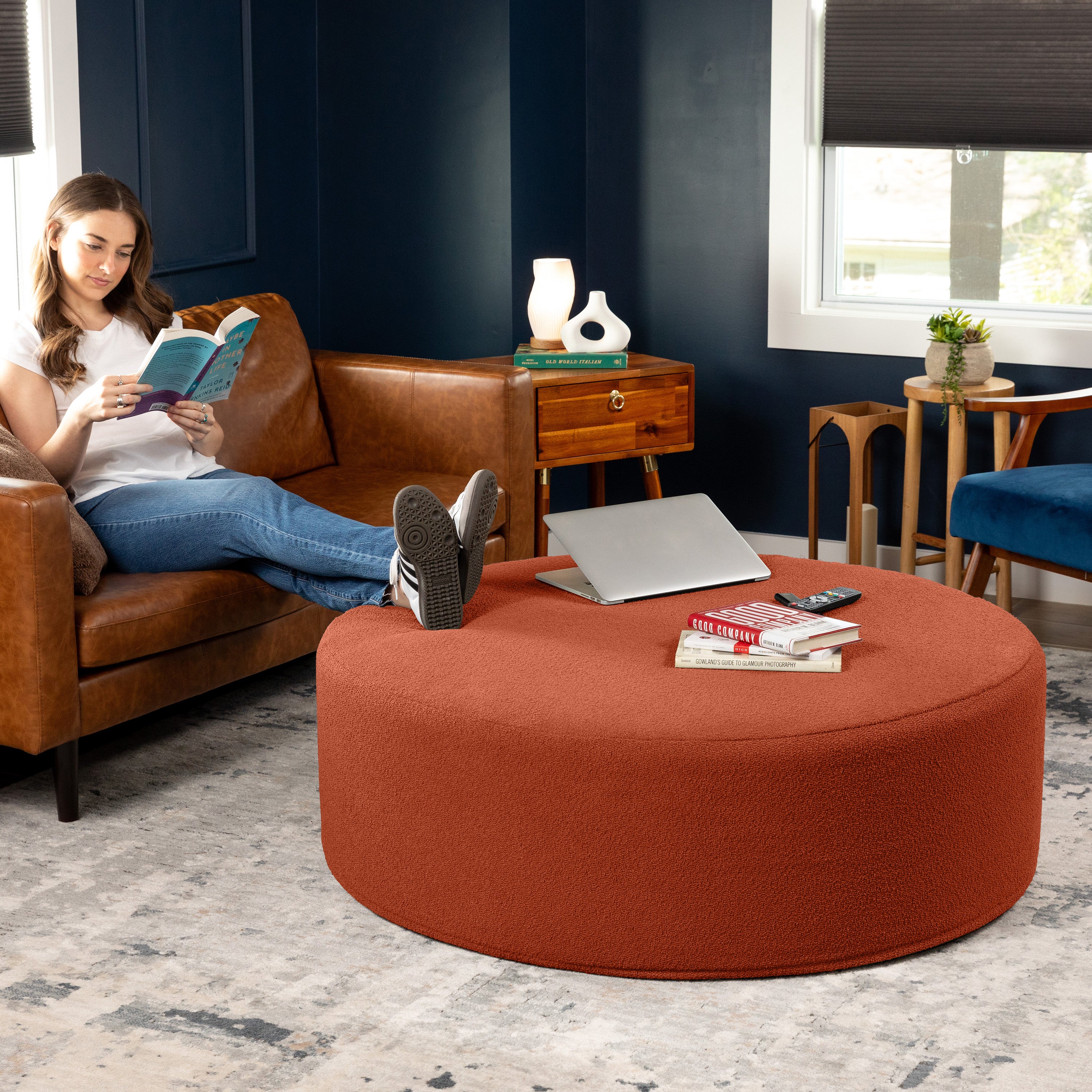 Jaxx Candler Round Couch Ottoman – Oversized Giant Coffee Table Ottoman - Versatile Firm Foam Construction - Kid Safe with Removable Cover, 44”, Luxe Boucle, Boucle Terra Cotta