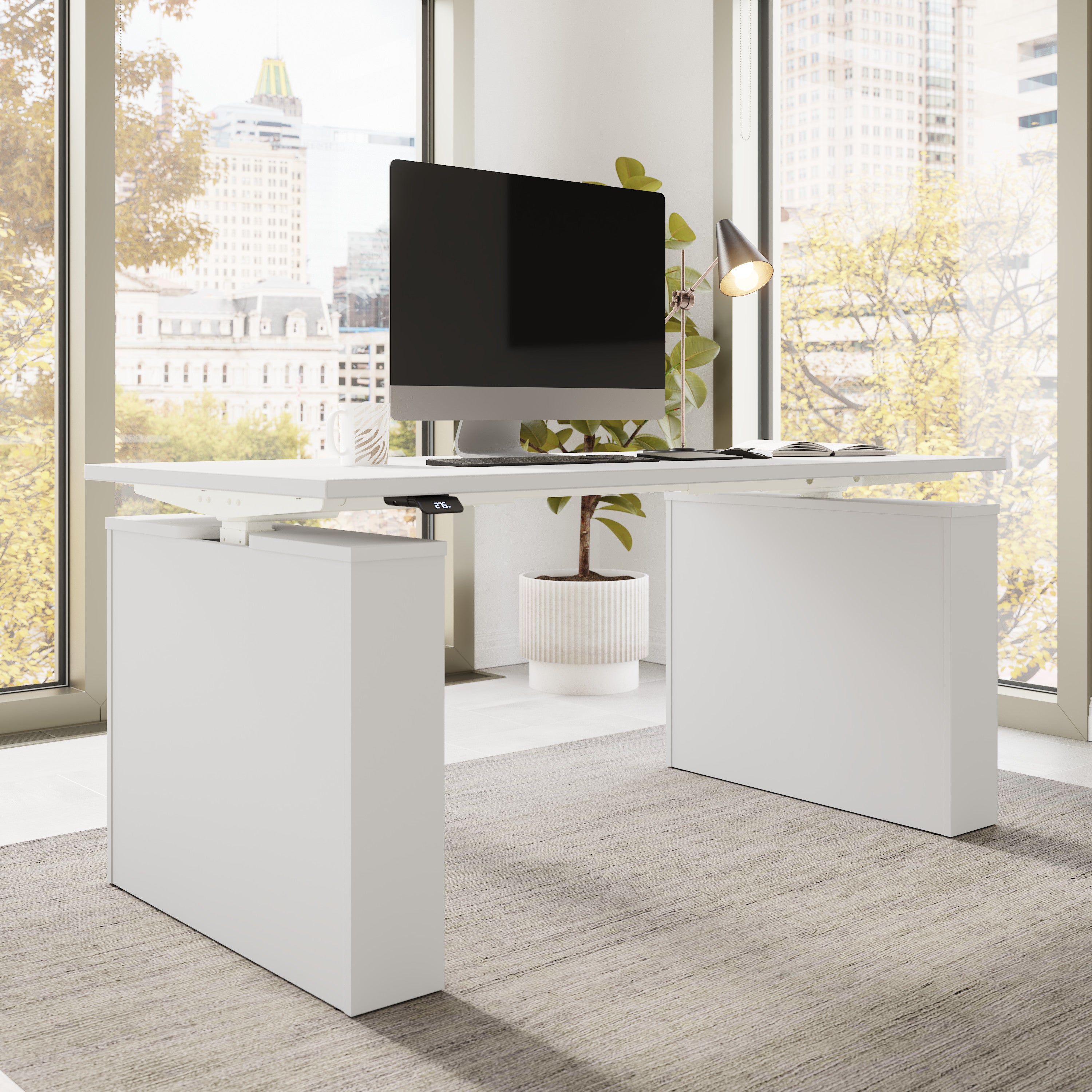 Bush Business Furniture Stratus&nbsp;60W x&nbsp;30D Electric Height Adjustable Standing Desk in White with White Base - 59.45" Width x 29.37" Depth x 27.44" Height