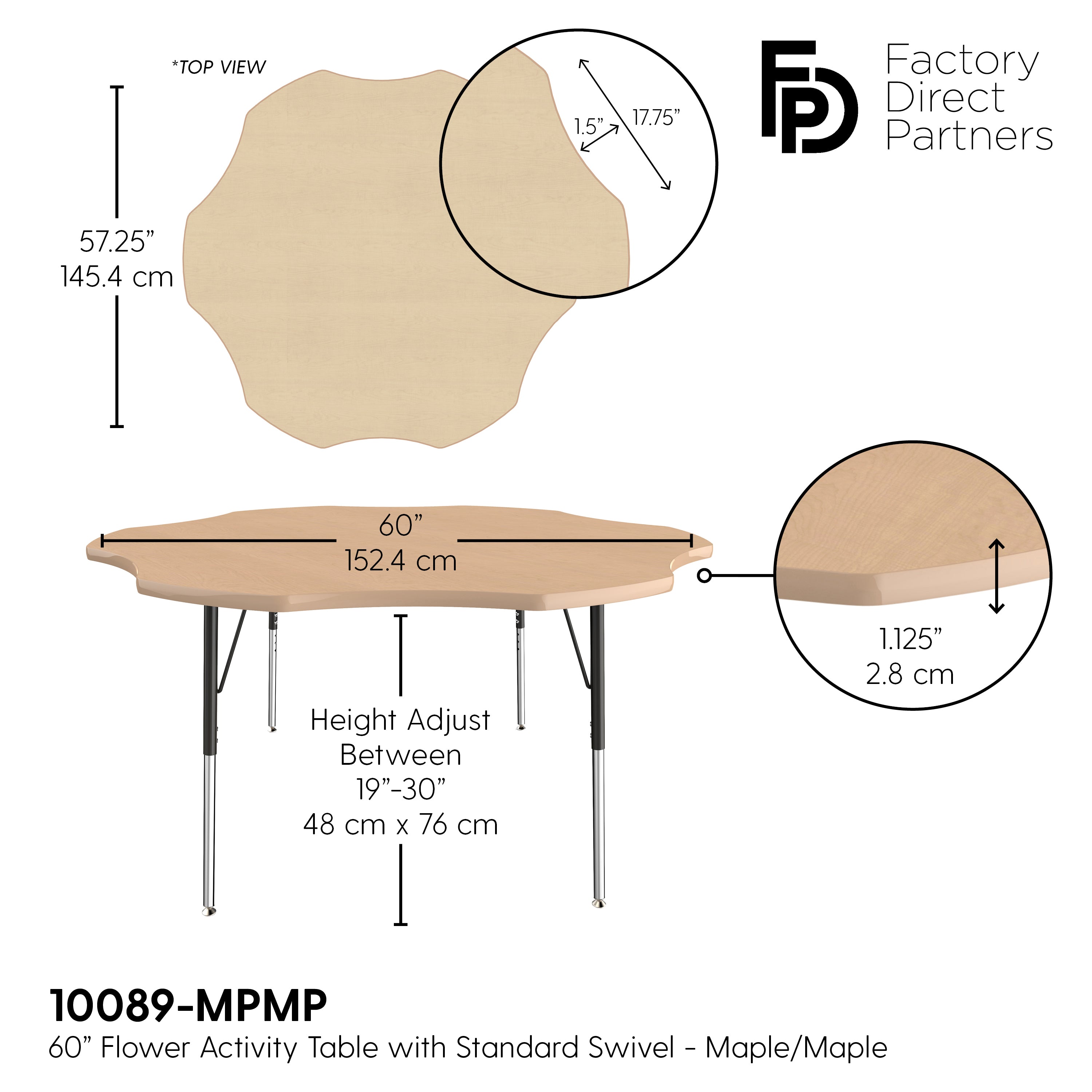 60" x 60" Flower T-Molding Activity Table with Adjustable Standard Swivel Glide Legs - Maple/Maple/Black
