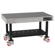 Welding Fixture Table, Fixed Height, 36"H x 60"L x 36"D, 1/4" Carbon Steel Top, Four Black Powdercoat Legs, Shelf, 4 Heavy Duty Suspension Casters (2 Locking/Swiveling Casters and 2 Non-Locking/Non-SwivelingCasters)