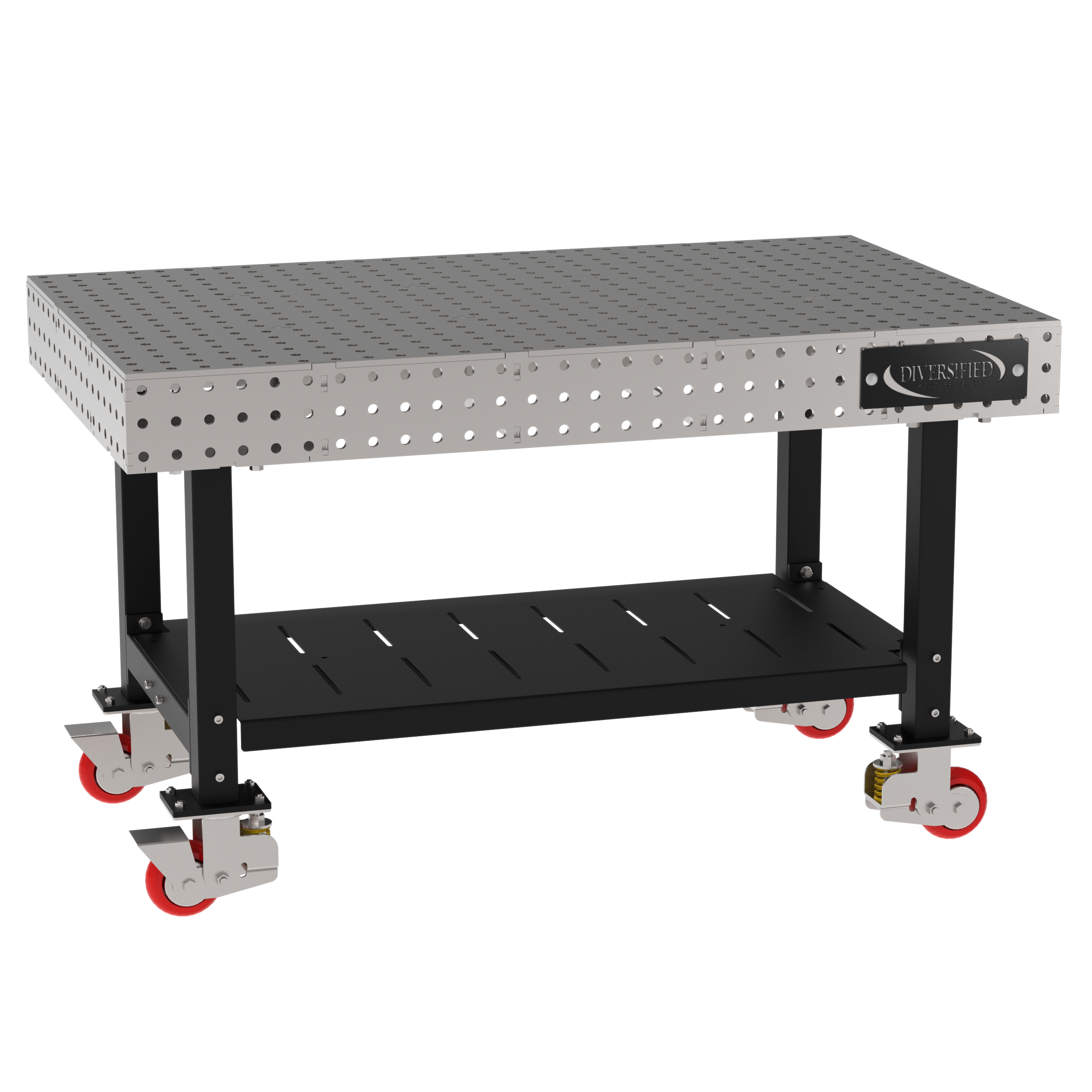 Welding Fixture Table, Fixed Height, 36"H x 60"L x 36"D, 1/4" Carbon Steel Top, Four Black Powdercoat Legs, Shelf, 4 Heavy Duty Suspension Casters (2 Locking/Swiveling Casters and 2 Non-Locking/Non-SwivelingCasters)