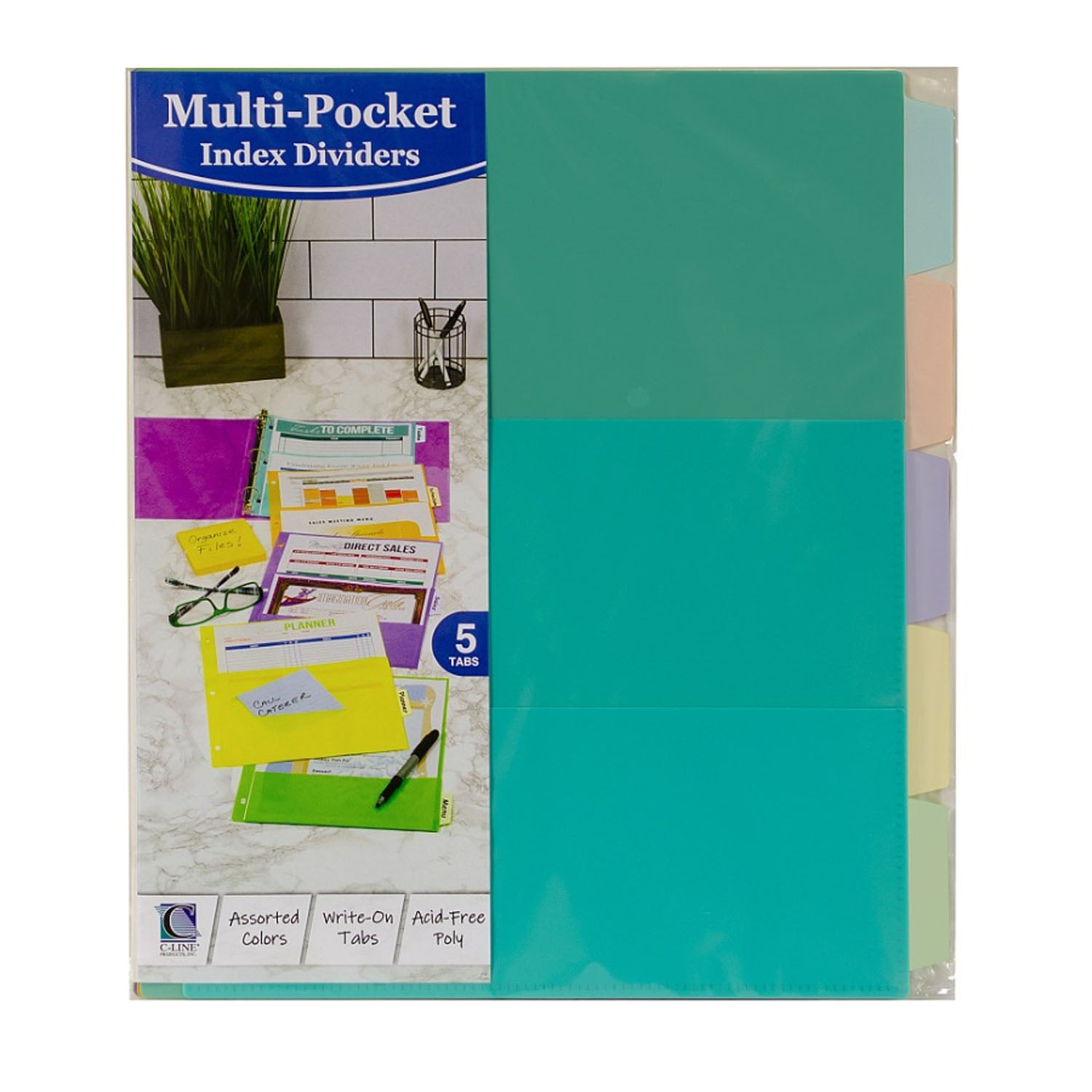 5-Tab Index Dividers with Multi-Pockets, Bright Color Assortment, 8-1/2 x 11