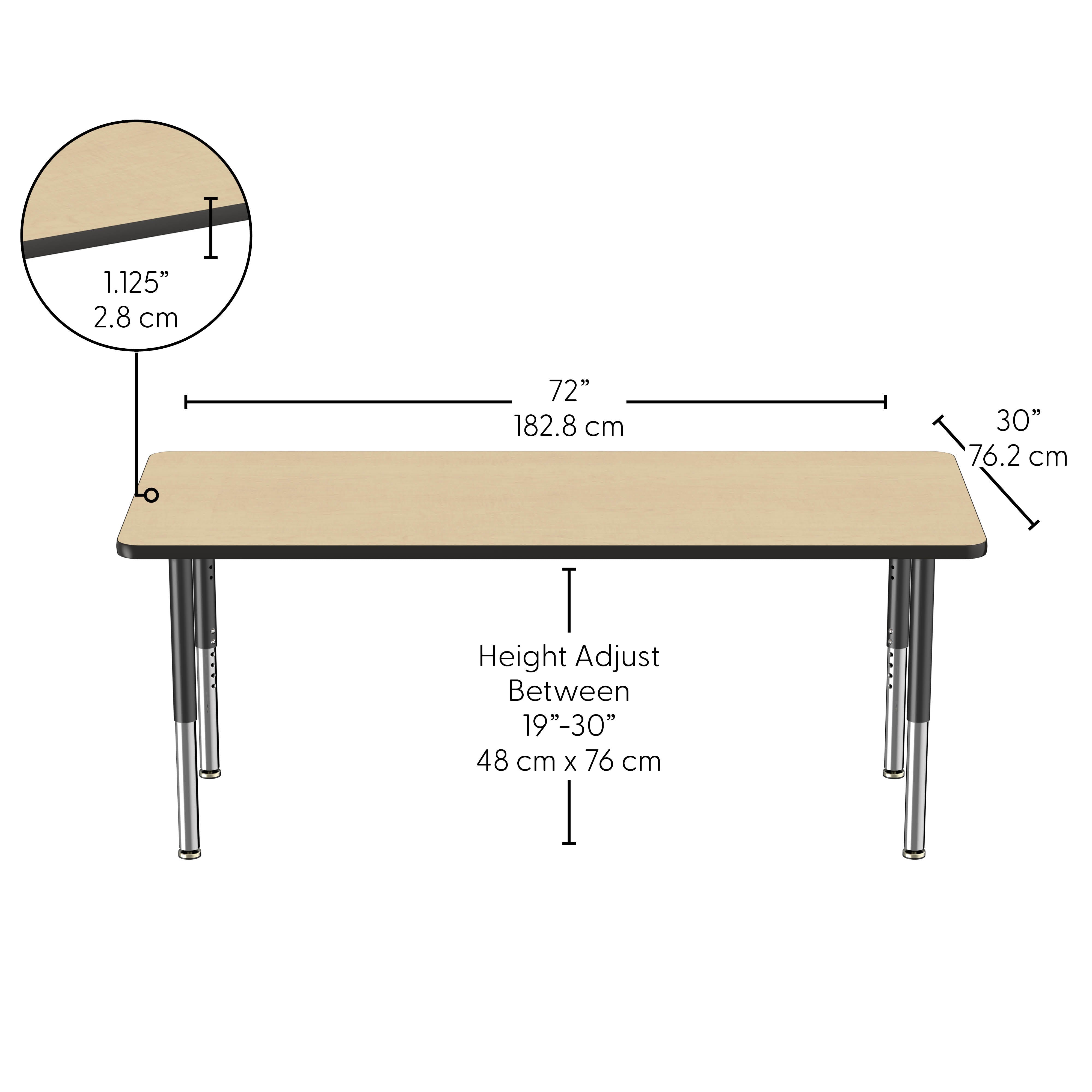 30" x 72" Rectangle Thermofused Activity Table with Adjustable Super Legs - Maple/Black