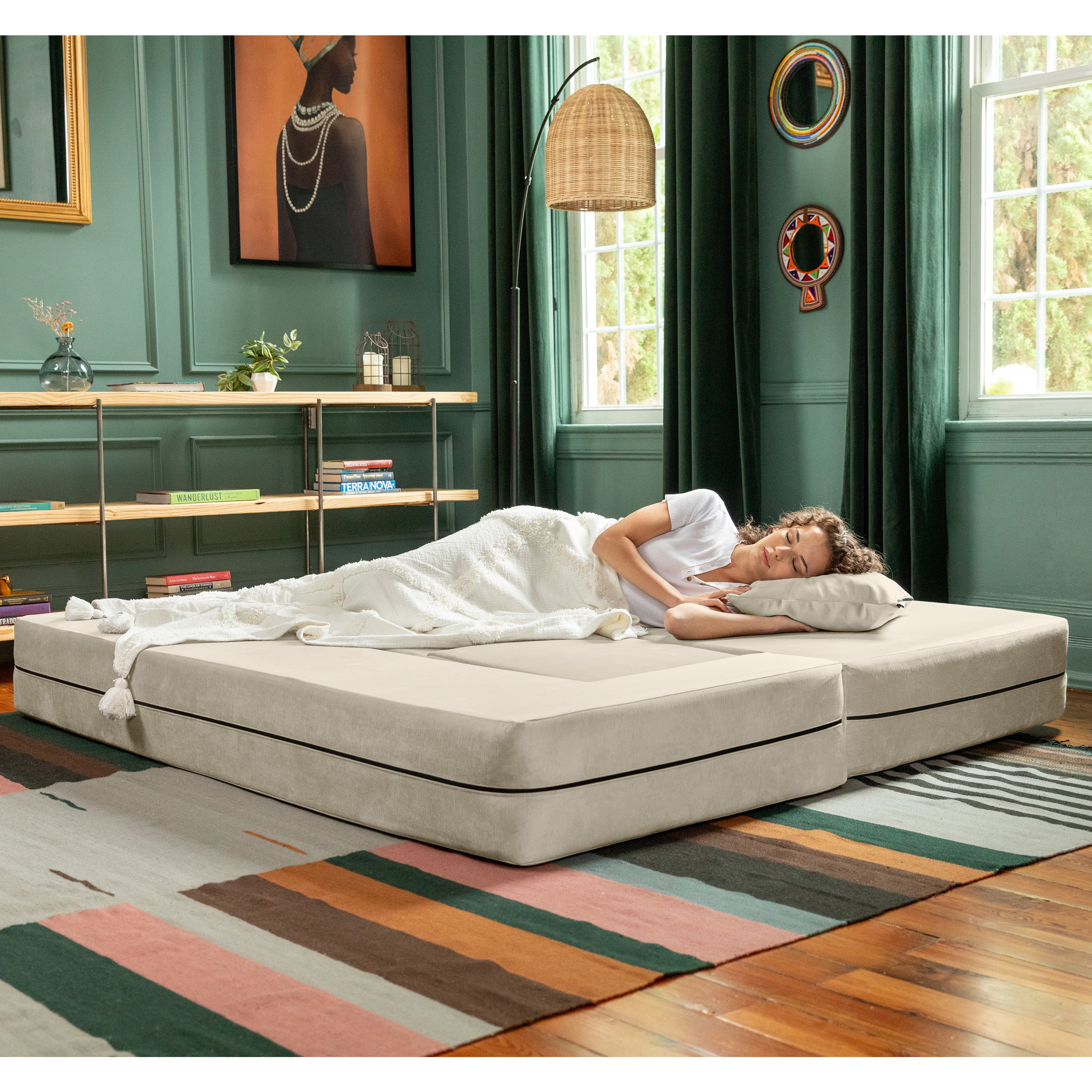Jaxx Zipline Convertible Sleeper Sofa & Three Ottomans/California King-Size Bed, Textured Microvelvet - Ivory