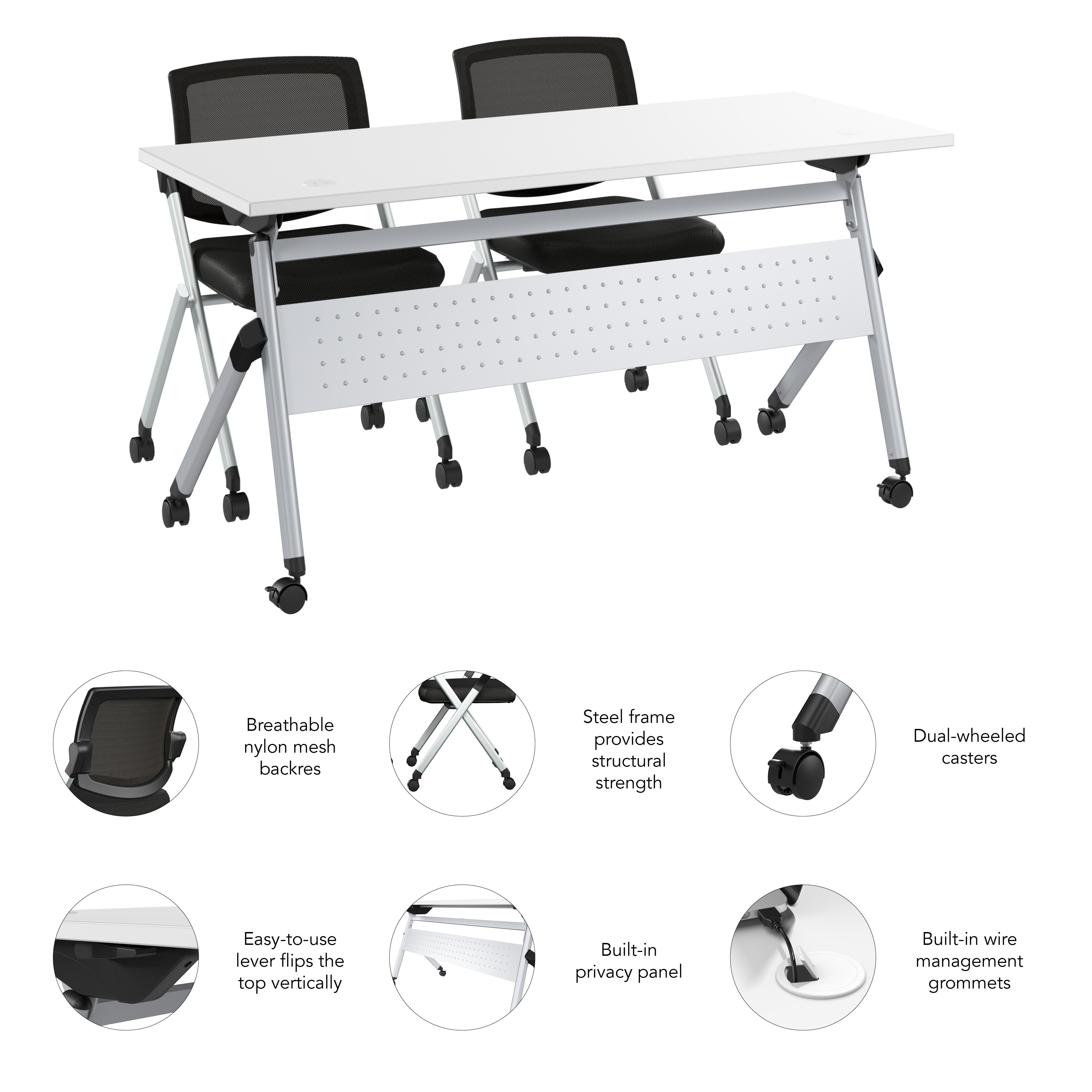 Bush Business Furniture Envision 60W Folding Training Table and 2 Folding Chairs in White - 59.45" Width x 23.54" Depth x 32.87" Height