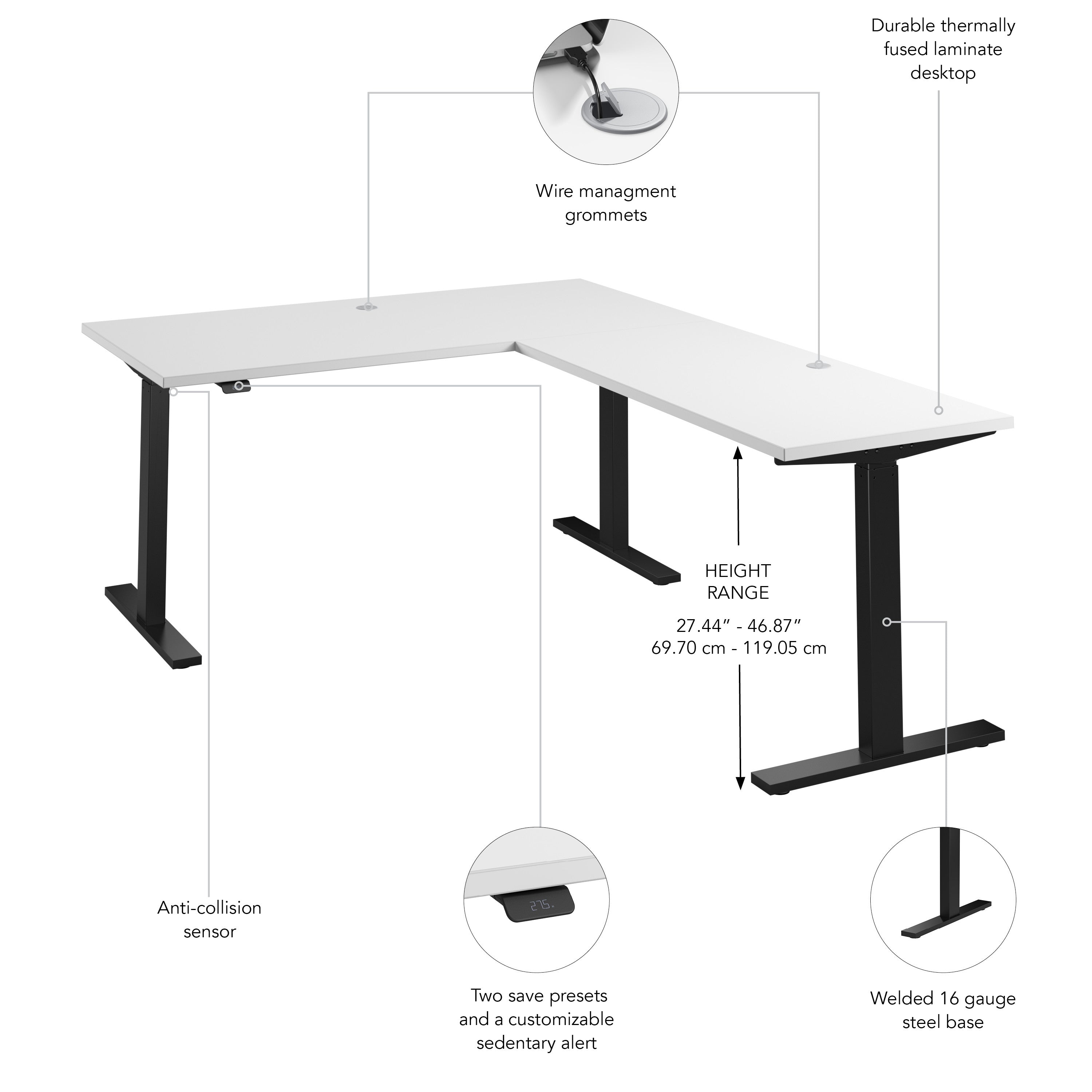 Bush Business Furniture Move 60 Series 60W Height Adjustable L Shaped Standing Desk in White with Black Base - 59.45" Width x 76.97" Depth x 27.44" Height