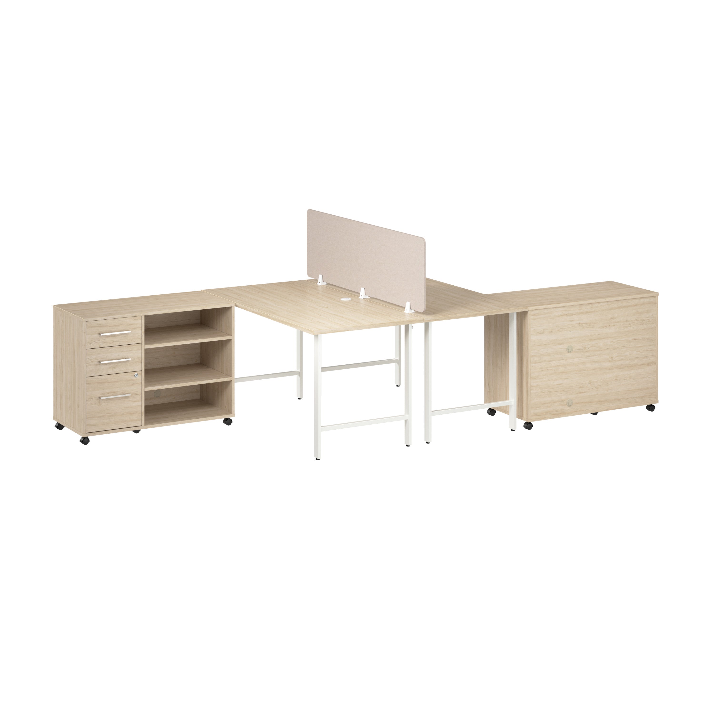 Bush Business Furniture Hustle 2 Person Computer Desk with Mobile Storage Cabinets, Power Grommets, and Privacy Screen in Natural Elm - 59.44" Width x 29.37" Depth x 30.07" Height