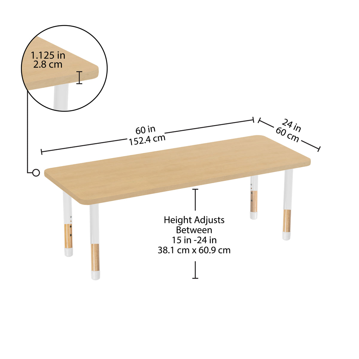 24" x 60" Rectangle Thermofused Activity Table with Adjustable Chunky Wood Legs - Maple Grain/White/Natural
