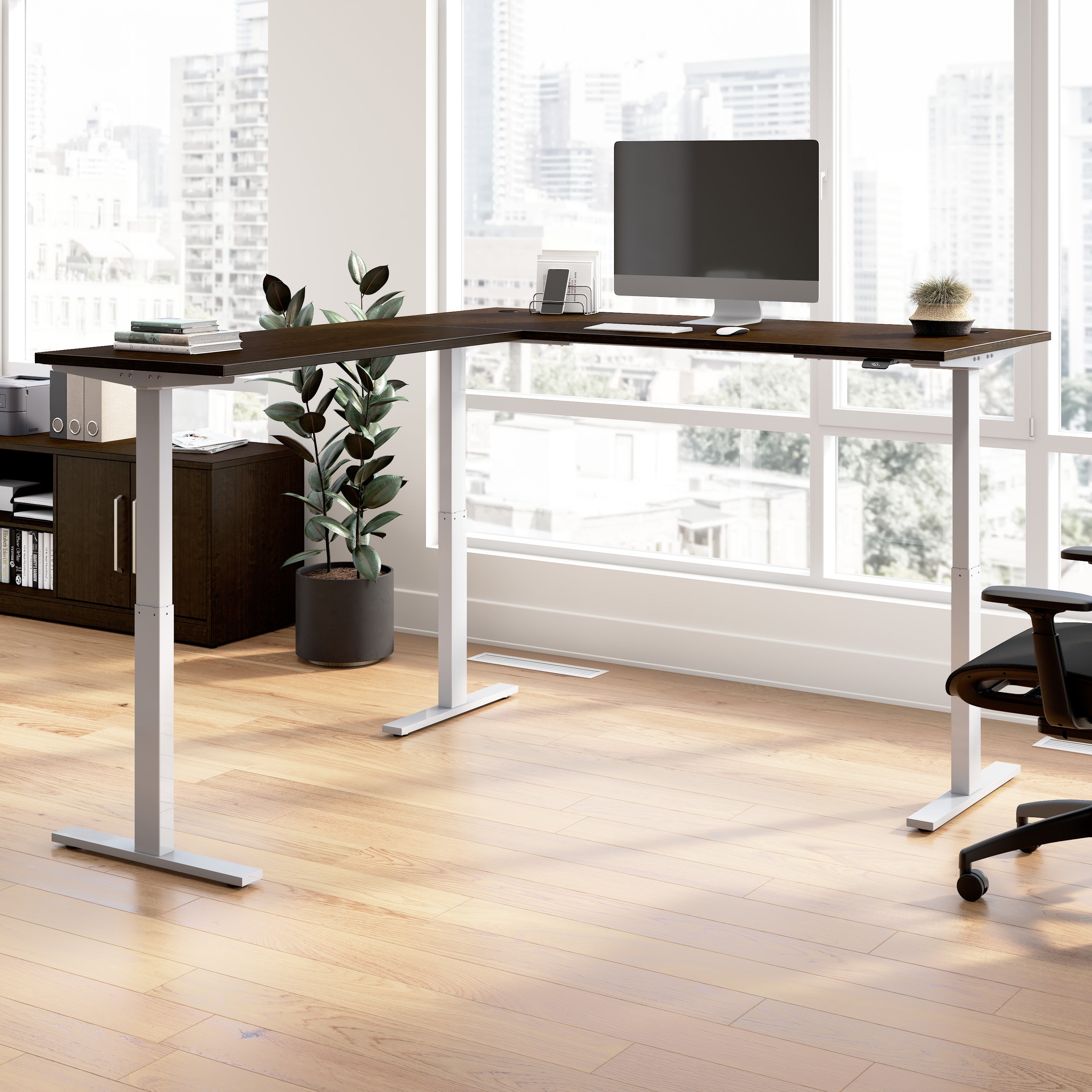Bush Business Furniture Move 60 Series 72W Height Adjustable L Shaped Standing Desk in Mocha Cherry with Metallic Gray Base - 71.02" Width x 76.97" Depth x 27.44" Height