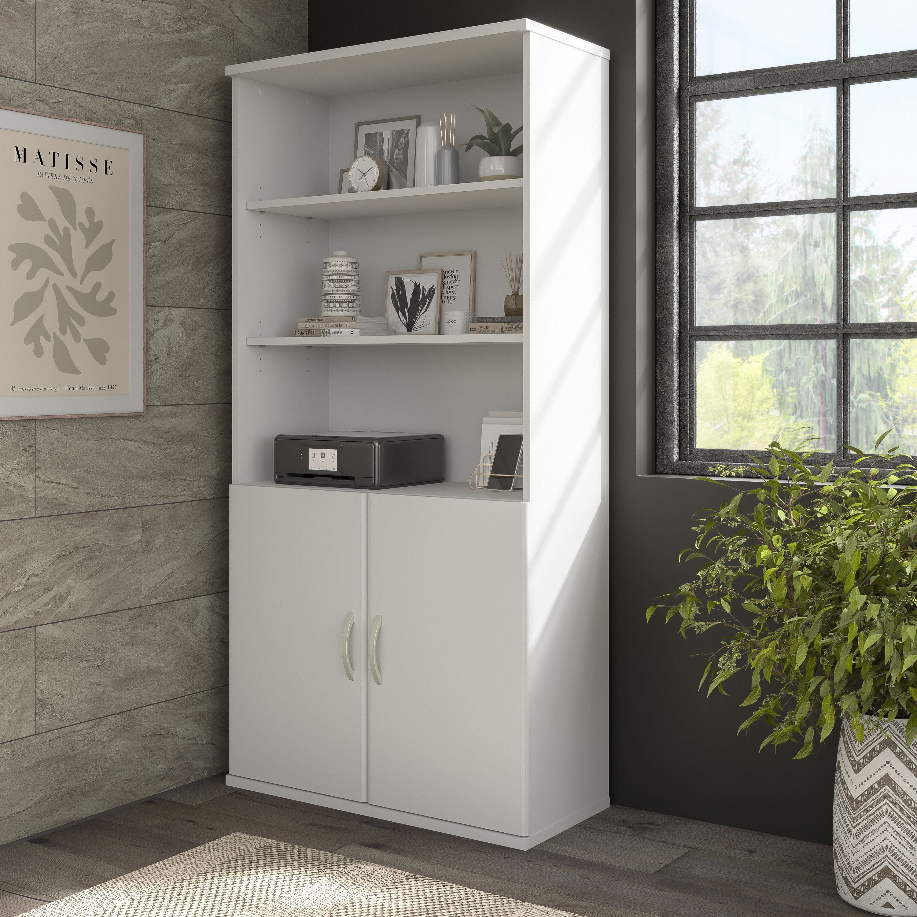 Bush Business Furniture Hybrid Tall 5 Shelf Bookcase with Doors in White - 35.71" Width x 15.43" Depth x 72.8" Height