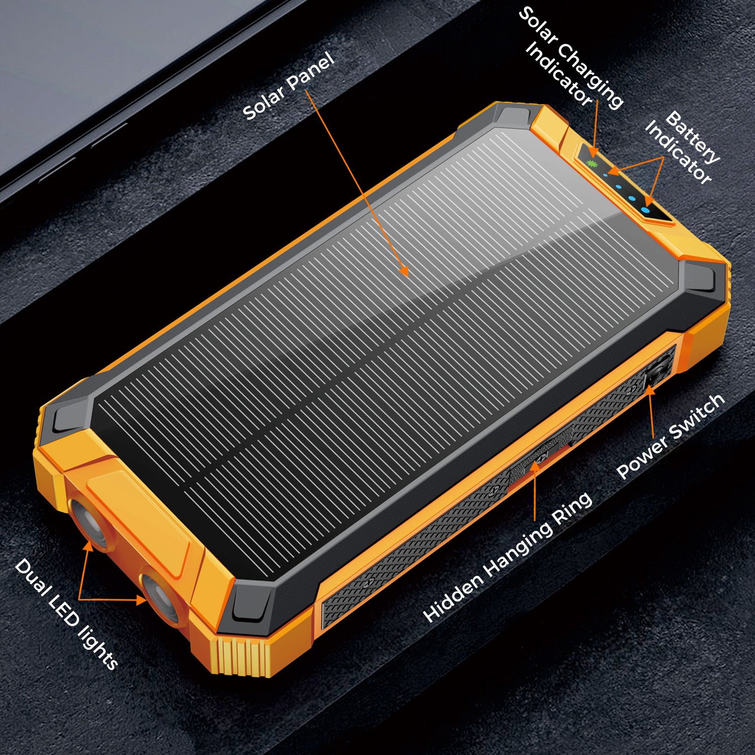 20000mAh Solar Power Bank with Wireless Charging and Built-in Cables, Orange