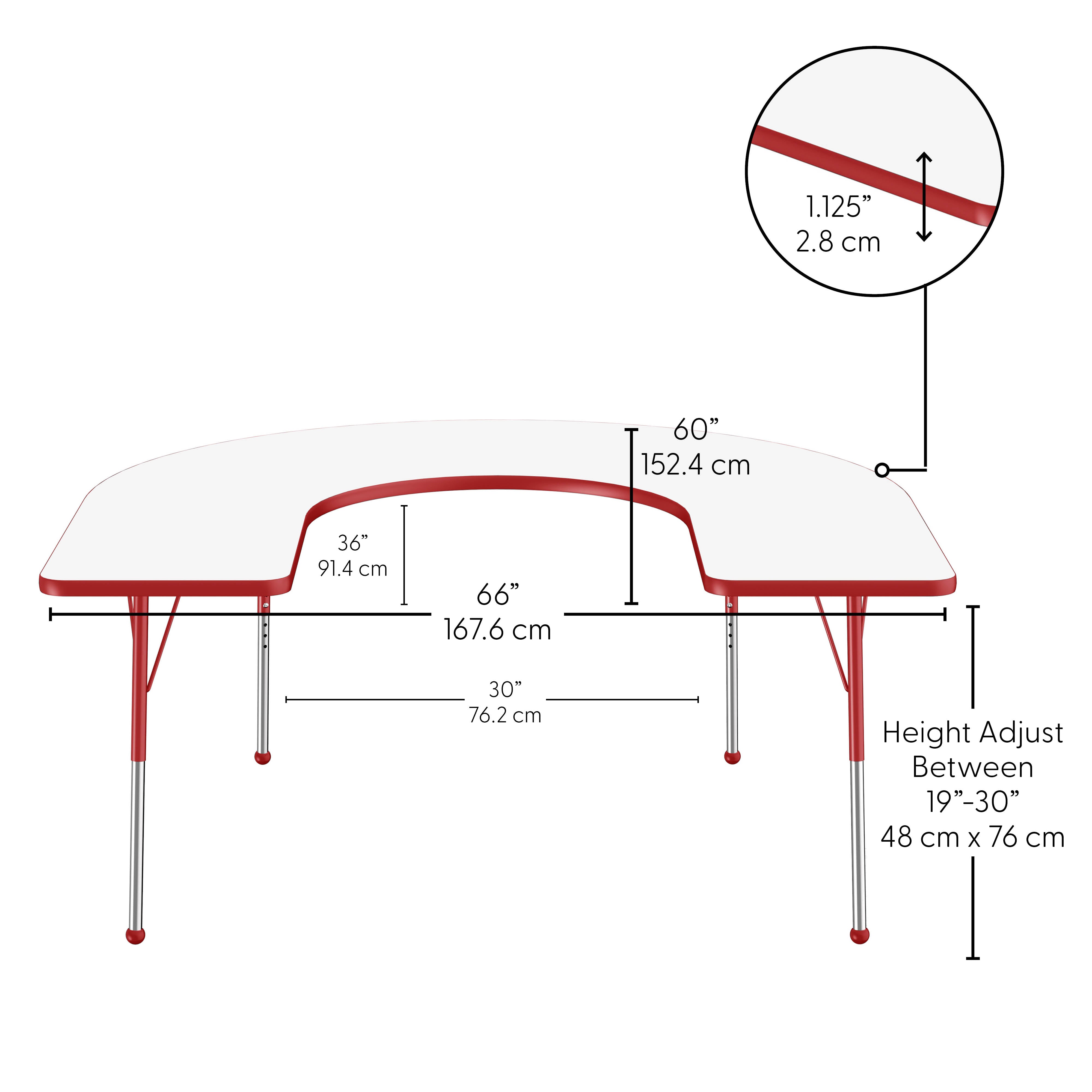 60" x 66" Horseshoe Dry-Erase Activity Table with Adjustable Standard Ball Glide Legs - Whiteboard/Red