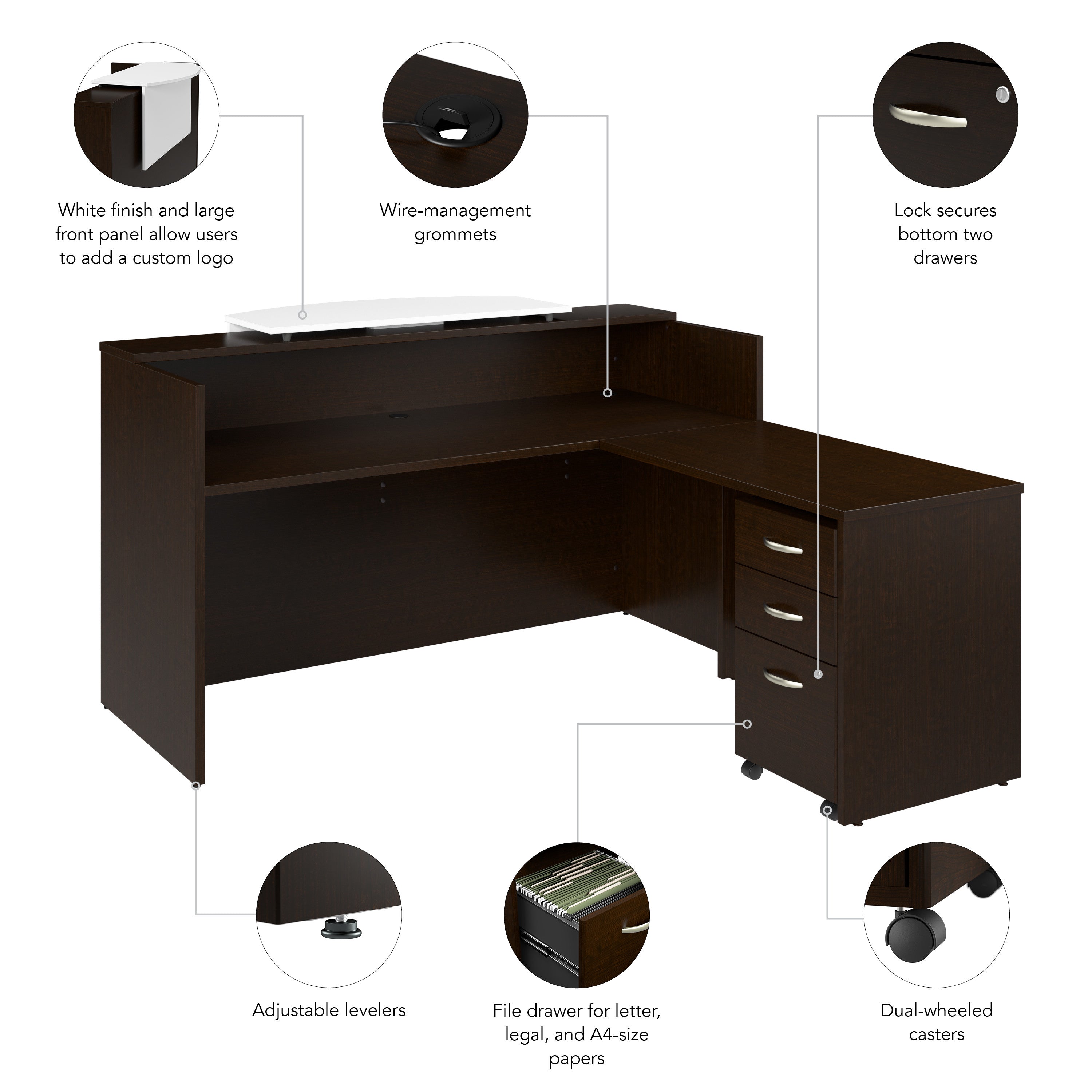Bush Business Furniture Arrive 72W x 72D L Shaped Reception Desk with Counter and Mobile File Cabinet in Mocha Cherry - 71.02" Width x 71.14" Depth x 40.35" Height
