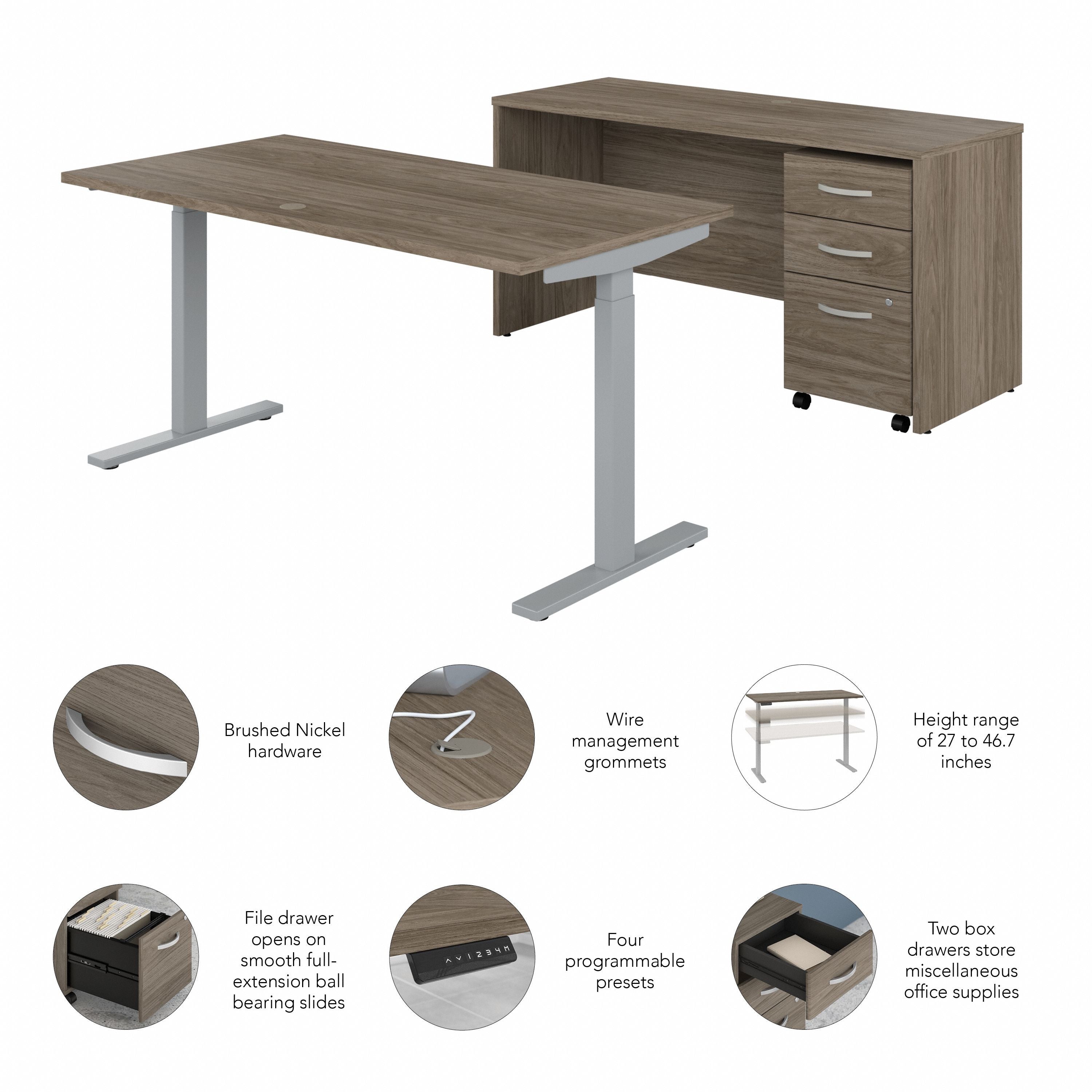 Bush Business Furniture Studio C 60W Height Adjustable Standing Desk with Credenza and File Cabinet in Modern Hickory - 59.45" Width x 82.8" Depth x 47.69" Height